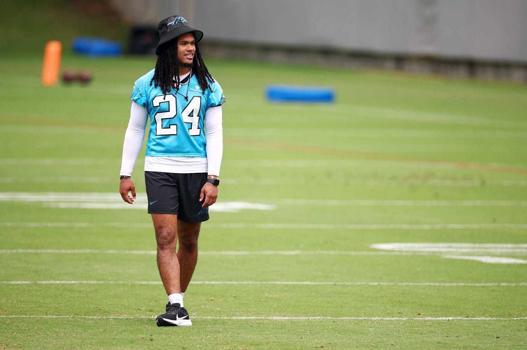 CHARLOTTE, NORTH CAROLINA - JUNE 04: Jonathon Brooks #24 of the Carolina Panthers attends Carolina Panthers OTA Offseason Workout on June 04, 2024 in Charlotte, North Carolina. (Photo by Jared C. Tilton/Getty Images)