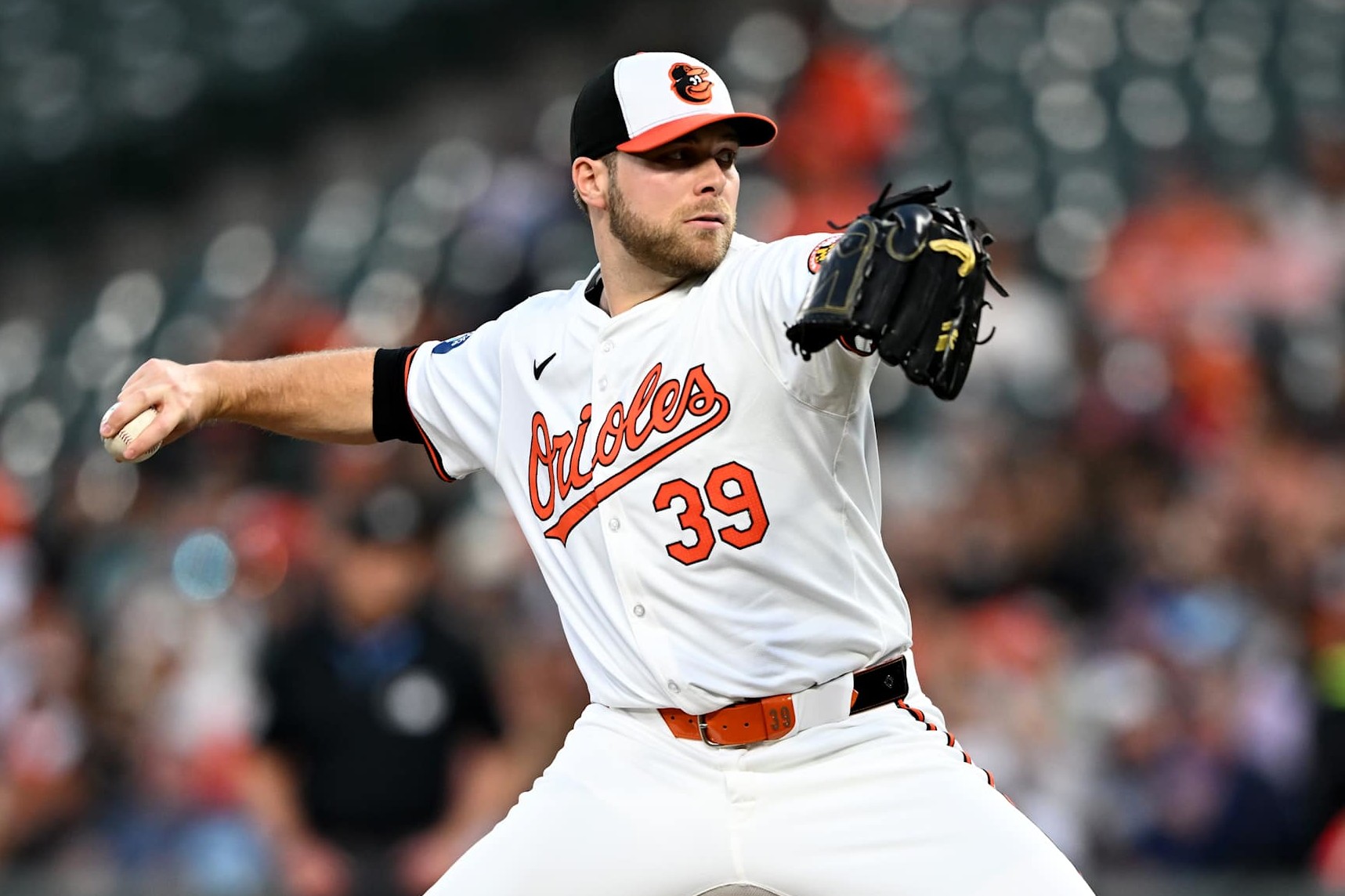 BALTIMORE, MARYLAND - AUGUST 22: Corbin Burnes #39 of the Baltimore Orioles pitches against the Houston Astros at Oriole Park at Camden Yards on August 22, 2024 in Baltimore, Maryland. (Photo by G Fiume/Getty Images)
