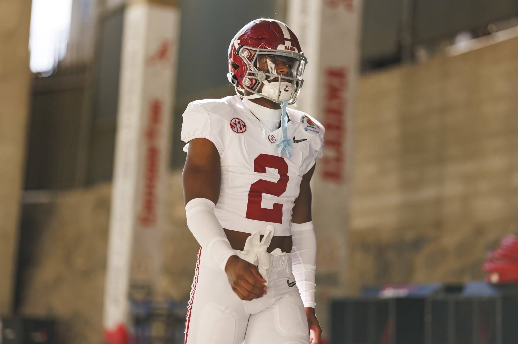 PASADENA, CALIFORNIA - JANUARY 01: Defensive back Caleb Downs #2 of the Alabama Crimson Tide walks to the field before the CFP Semifinal Rose Bowl Game against the Michigan Wolverines at Rose Bowl Stadium on January 1, 2024 in Pasadena, California. (Photo by Ryan Kang/Getty Images)