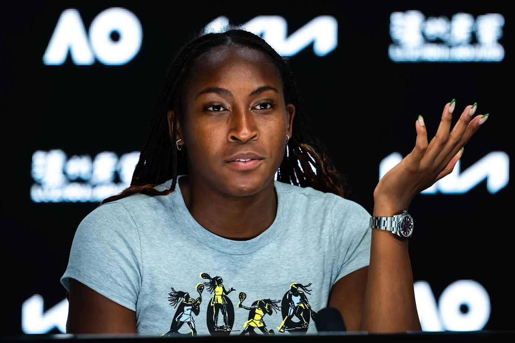 MELBOURNE, AUSTRALIA - JANUARY 19: Coco Gauff of the United States talks to the media after defeating Belinda Bencic of Switzerland in the fourth round on Day 8 of the 2025 Australian Open at Melbourne Park on January 19, 2025 in Melbourne, Australia (Photo by Robert Prange/Getty Images)