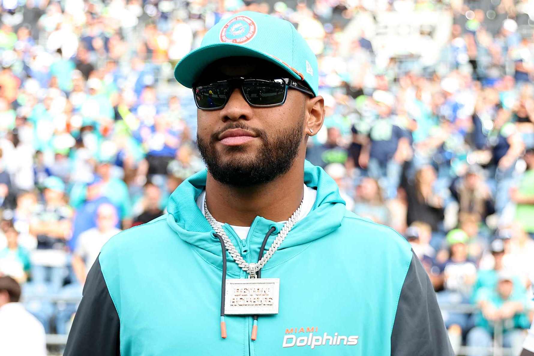 SEATTLE, WASHINGTON - SEPTEMBER 22: Tua Tagovailoa #1 of the Miami Dolphins looks on after the game against the Seattle Seahawks at Lumen Field on September 22, 2024 in Seattle, Washington. (Photo by Steph Chambers/Getty Images)