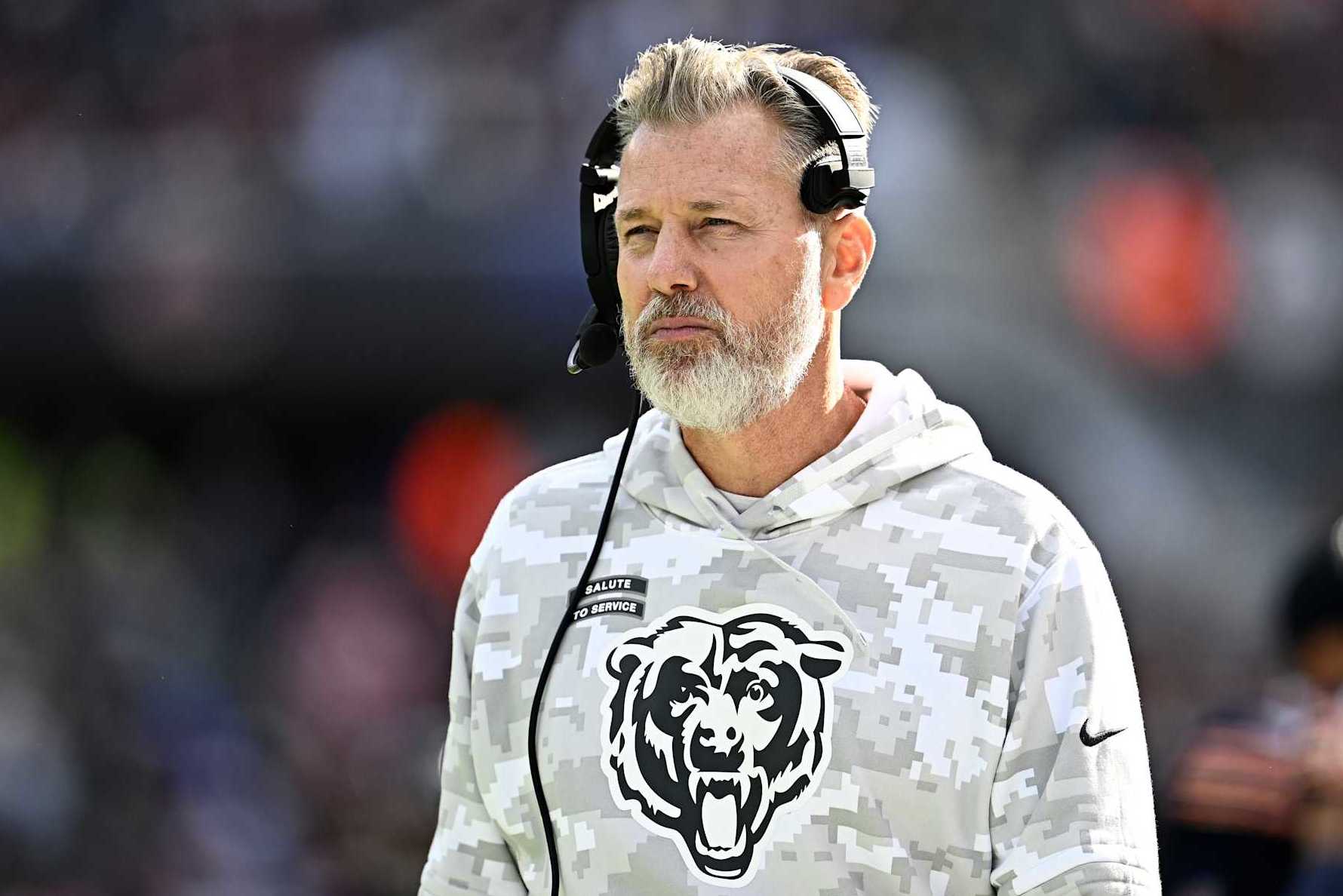 CHICAGO, ILLINOIS - NOVEMBER 10: Head coach Matt Eberflus of the Chicago Bears looks on during the second quarter against the New England Patriots at Soldier Field on November 10, 2024 in Chicago, Illinois. (Photo by Quinn Harris/Getty Images)