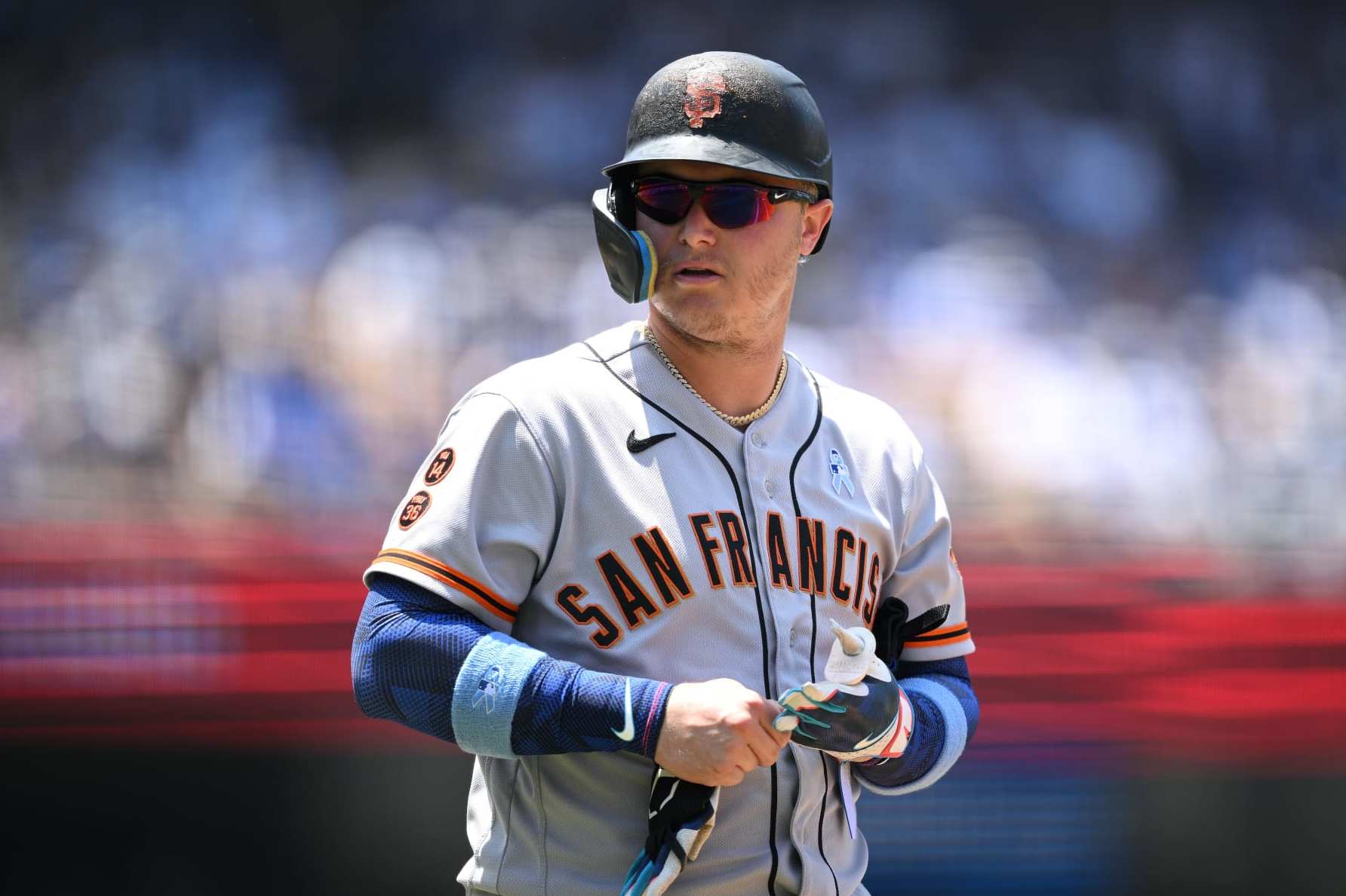 LOS ANGELES, CALIFORNIA - JUNE 18: Joc Pederson #23 of the San Francisco Giants looks on during the fourth inning against the Los Angeles Dodgers at Dodger Stadium on June 18, 2023 in Los Angeles, California. (Photo by Orlando Ramirez/Getty Images)