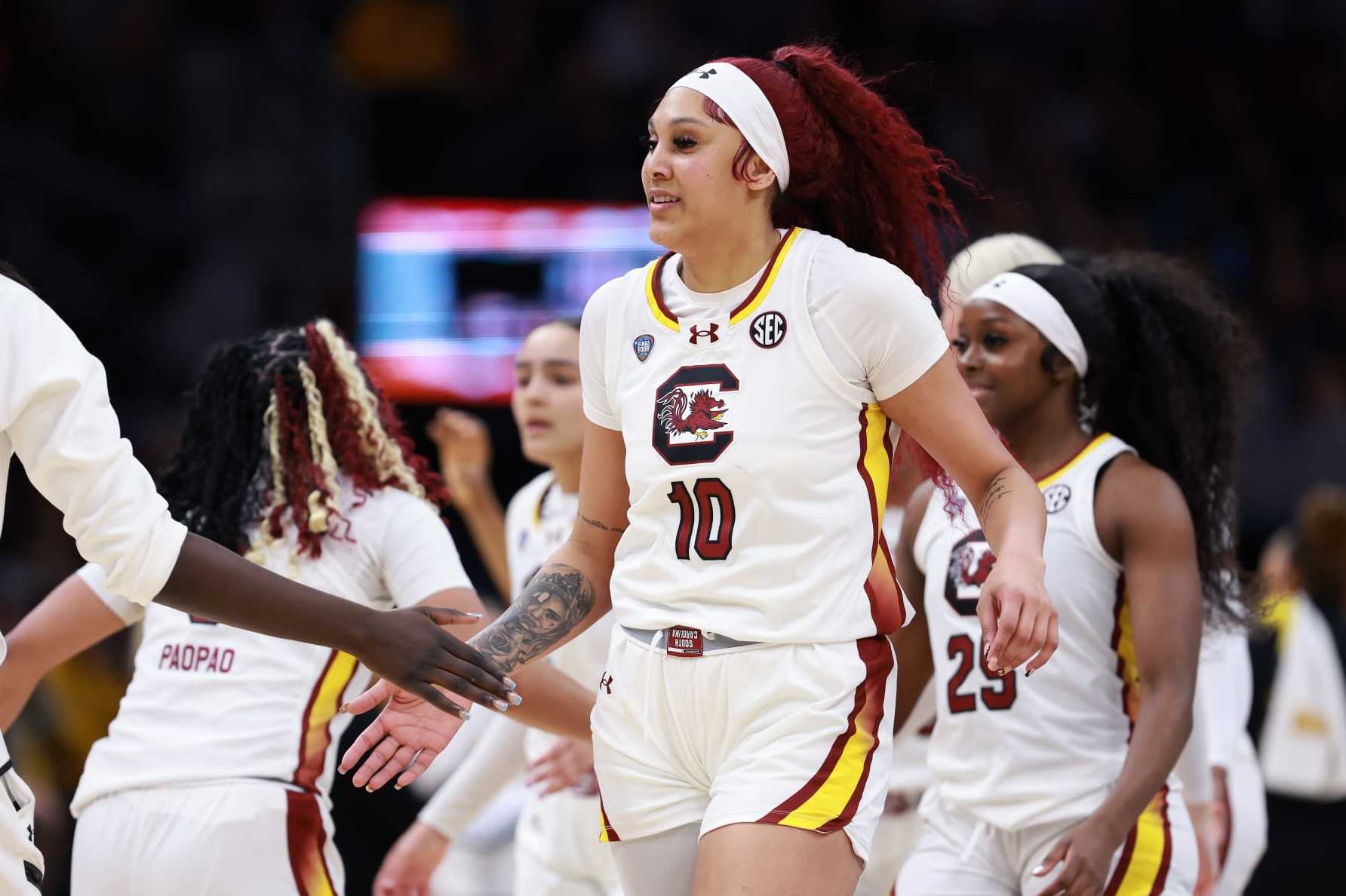 CLEVELAND, OHIO - APRIL 07: Kamilla Cardoso #10 of the South Carolina Gamecocks reacts in the second half during the 2024 NCAA Women's Basketball Tournament National Championship game against the Iowa Hawkeyes at Rocket Mortgage FieldHouse on April 07, 2024 in Cleveland, Ohio. (Photo by Gregory Shamus/Getty Images)
