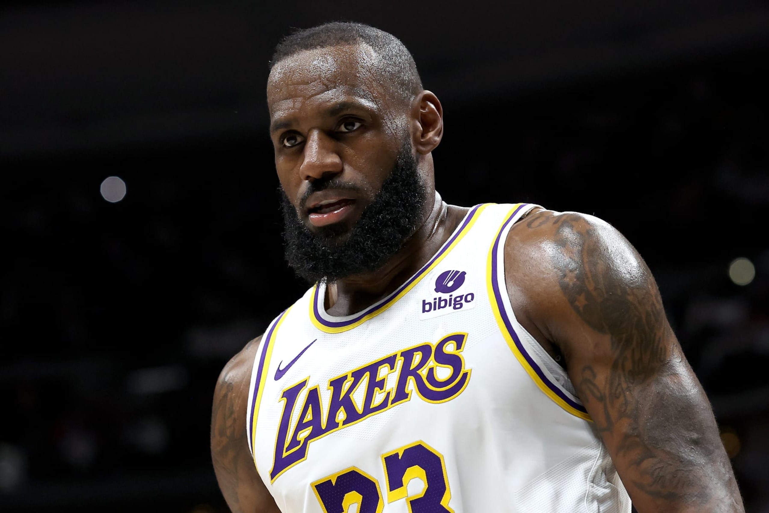 DENVER, COLORADO - APRIL 20: LeBron James #23 of the Los Angeles Lakers leaves the court after their loss to the Denver Nuggets during game one of the Western Conference First Round Playoffs at Ball Arena on April 20, 2024 in Denver, Colorado.  NOTE TO USER: User expressly acknowledges and agrees that, by downloading and or using this photograph, User is consenting to the terms and conditions of the Getty Images License Agreement. (Photo by Matthew Stockman/Getty Images)