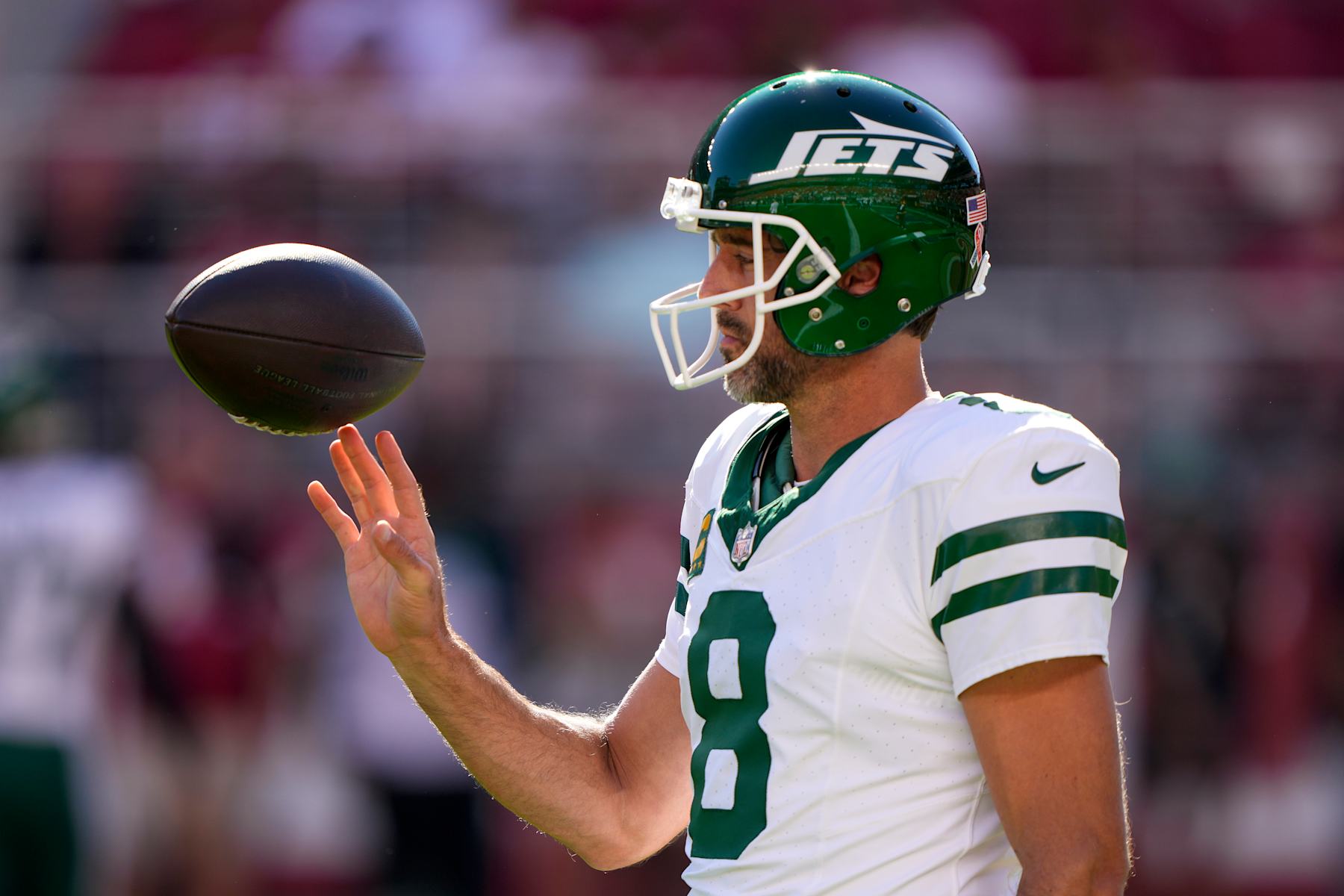 SANTA CLARA, CALIFORNIA - SEPTEMBER 09: Quarterback Aaron Rodgers #8 of the New York Jets looks on during warm ups before taking on the San Francisco 49ers at Levi's Stadium on September 09, 2024 in Santa Clara, California. (Photo by Thearon W. Henderson/Getty Images)