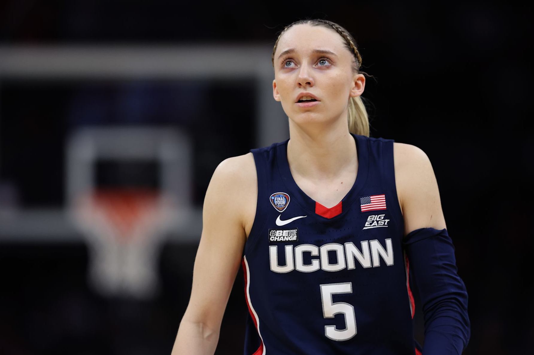 CLEVELAND, OHIO - APRIL 05: Paige Bueckers #5 of the UConn Huskies looks on during the NCAA Women's Basketball Tournament Final Four semifinal game against the Iowa Hawkeyes at Rocket Mortgage Fieldhouse on April 05, 2024 in Cleveland, Ohio. (Photo by Steph Chambers/Getty Images)