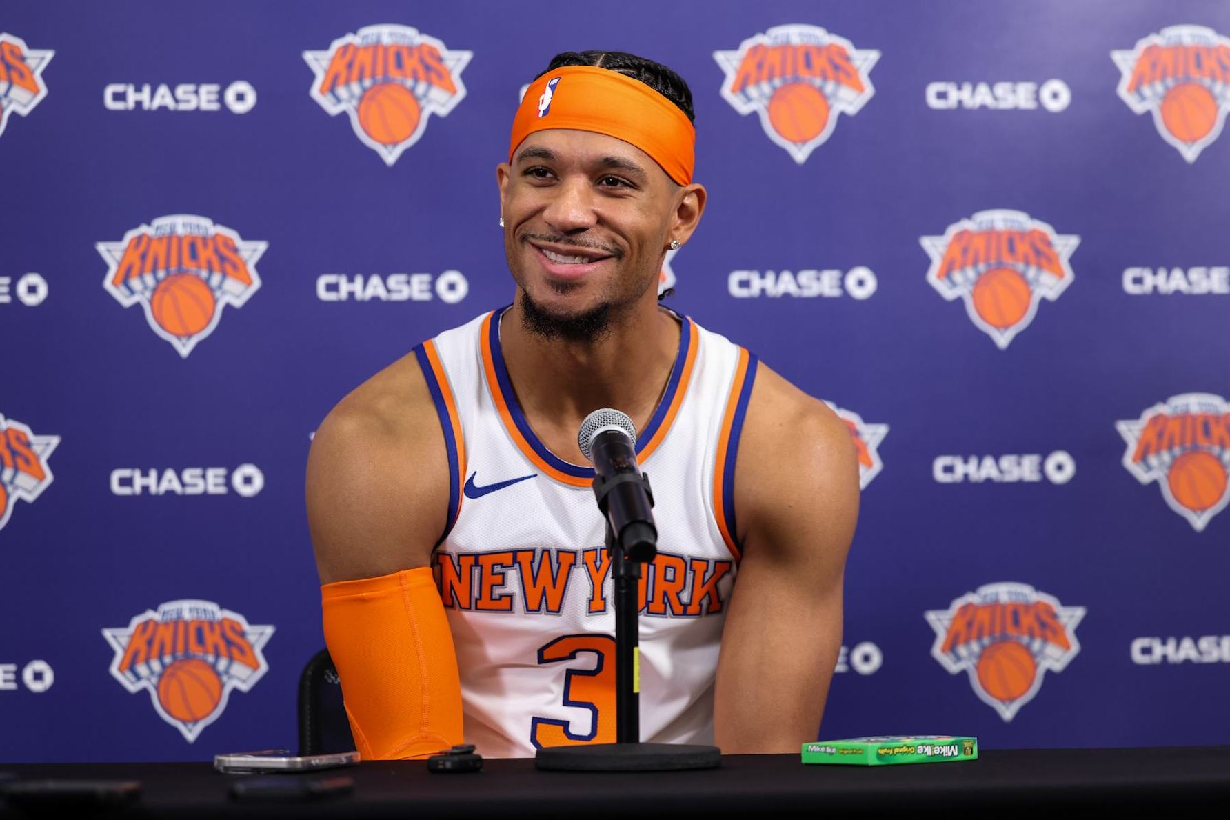 TARRYTOWN, NEW YORK - SEPTEMBER 30: Josh Hart #3 of the New York Knicks speaks at a press conference during media day at Knicks Training Facility on September 30, 2024 in Tarrytown, New York. (Photo by Dustin Satloff/Getty Images)