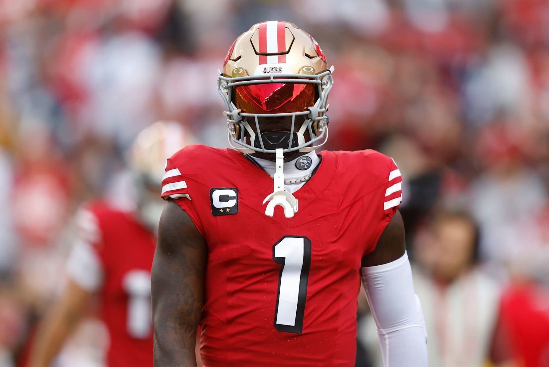 SANTA CLARA, CALIFORNIA - OCTOBER 27: Deebo Samuel Sr. #1 of the San Francisco 49ers warms up before the game against the Dallas Cowboys at Levi's Stadium on October 27, 2024 in Santa Clara, California. (Photo by Lachlan Cunningham/Getty Images)