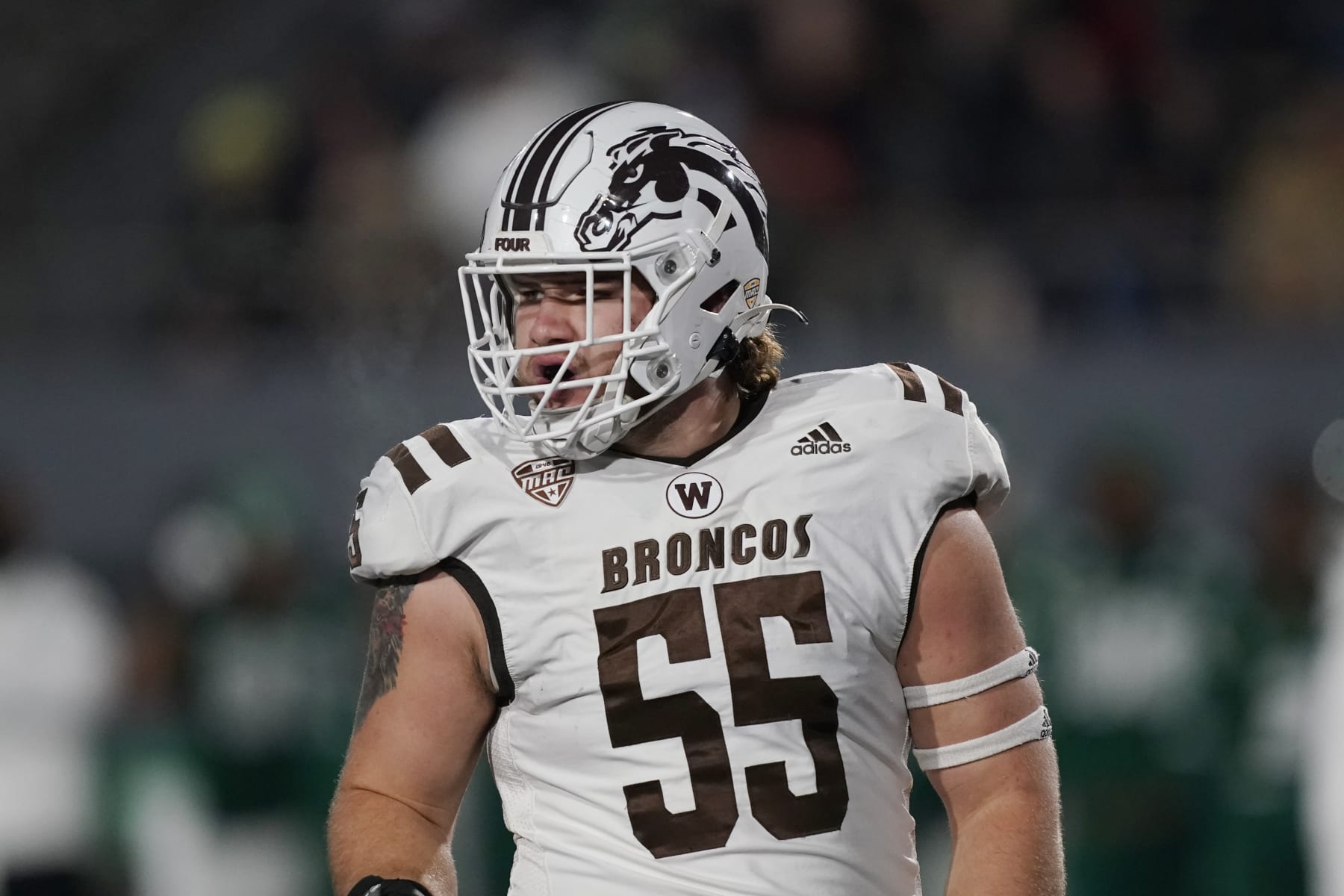 Western Michigan defensive lineman Braden Fiske is seen through the first half of an NCAA college soccer sport towards Eastern Michigan, Tuesday, Nov. 16, 2021, in Ypsilanti, Mich. (AP Photo/Carlos Osorio)