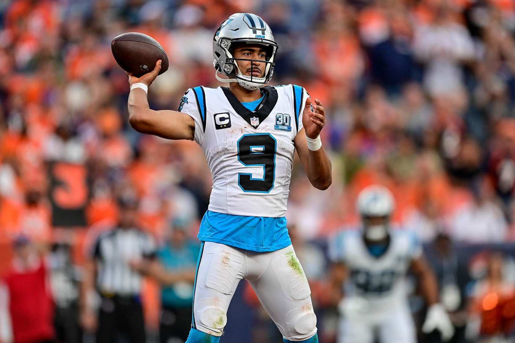 DENVER, CO - OCTOBER 27: Carolina Panthers quarterback Bryce Young (9) passes against the Denver Broncos in the fourth quarter during a game between the Carolina Panthers and the Denver Broncos at Empower Field at Mile High on October 27, 2024 in Denver, Colorado. (Photo by Dustin Bradford/Icon Sportswire via Getty Images)