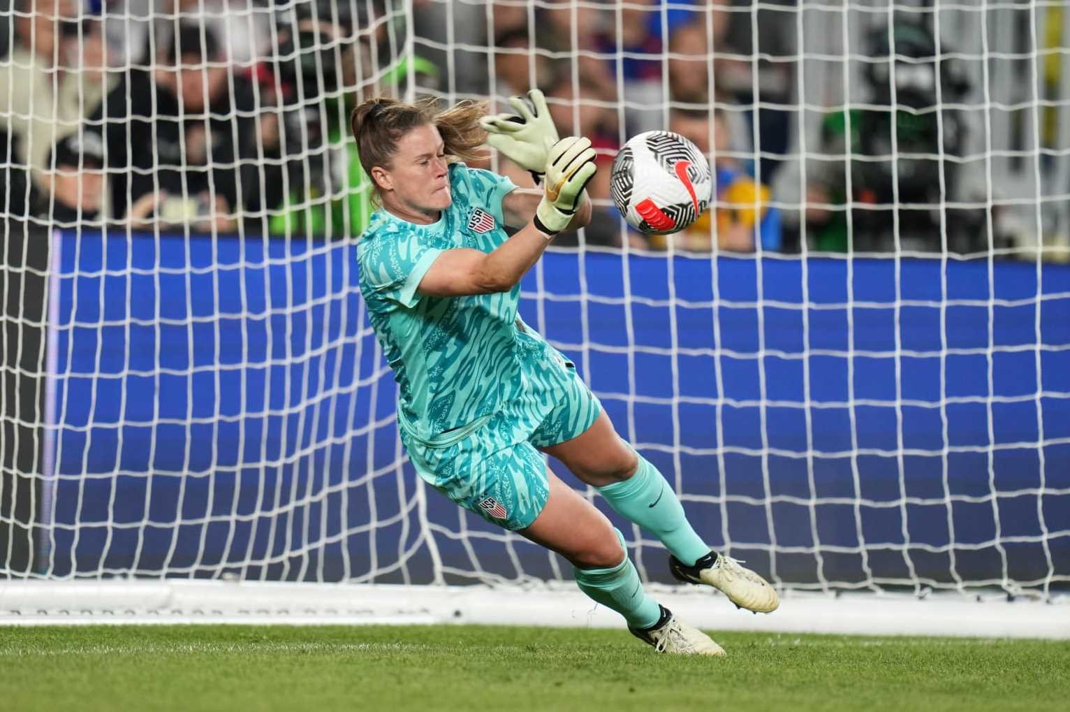 COLUMBUS, OHIO - APRIL 09: Alyssa Naeher #1 of the United States makes a save during the penalty kick shootout against Canada in the 2024 SheBelieves Cup final match at Lower.com Field on April 09, 2024 in Columbus, Ohio. (Photo by Brad Smith/ISI Photos/USSF/Getty Images for USSF)
