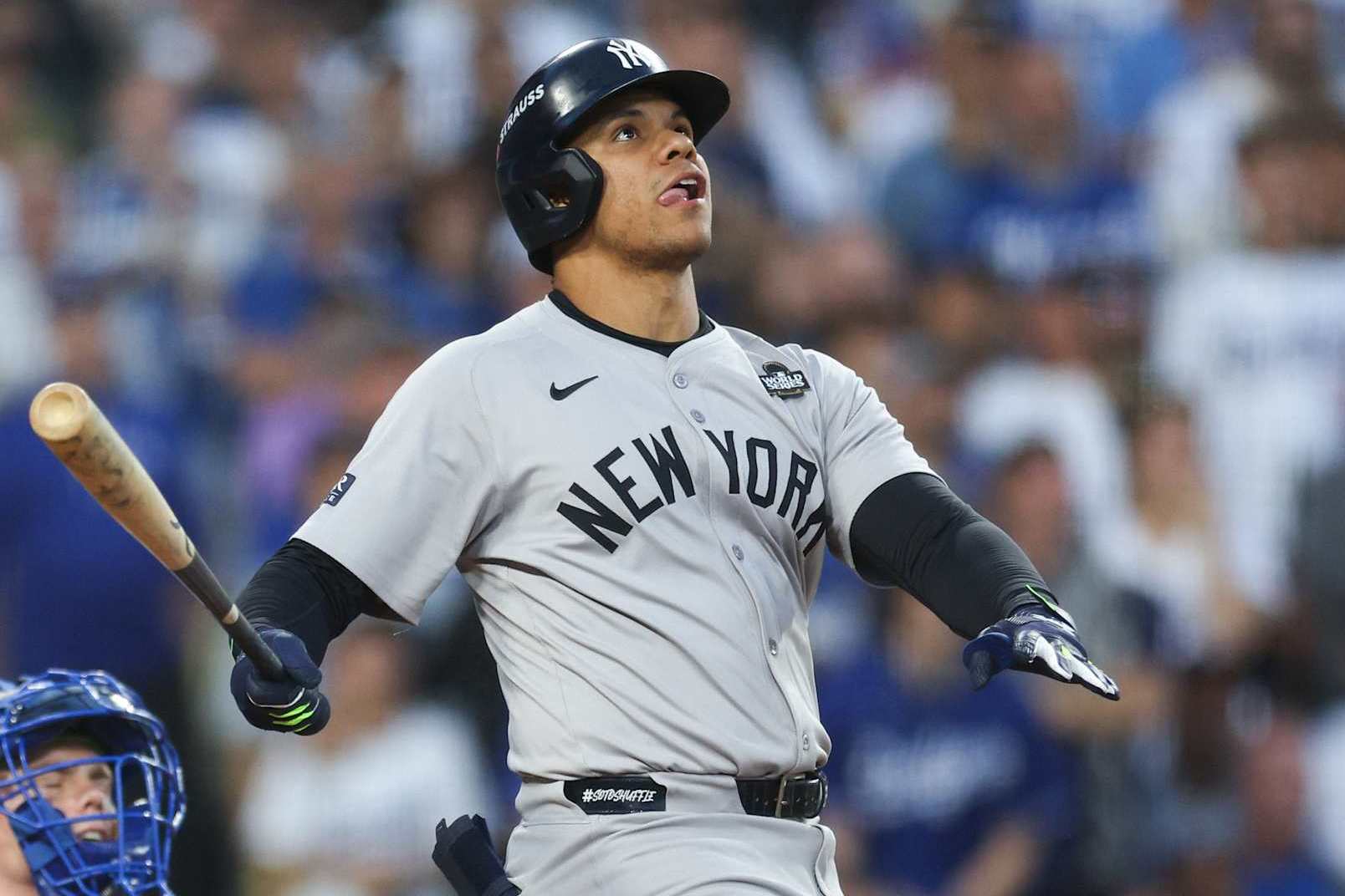 LOS ANGELES, CALIFORNIA - OCTOBER 26: Juan Soto #22 of the New York Yankees watches his solo home run against the Los Angeles Dodgers in the third inning during Game Two of the 2024 World Series at Dodger Stadium on October 26, 2024 in Los Angeles, California. (Photo by Harry How/Getty Images)