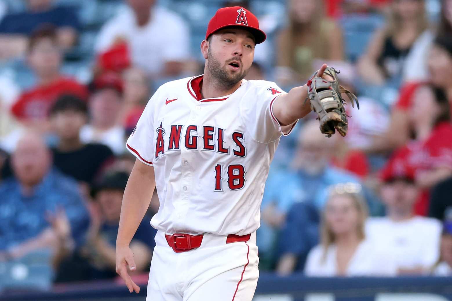 ANAHEIM, CALIFORNIA - JUNE 29: Nolan Schanuel #18 of the Los Angeles Angels reacts after a call during the second inning against the Detroit Tigers at Angel Stadium of Anaheim on June 29, 2024 in Anaheim, California. (Photo by Katelyn Mulcahy/Getty Images)