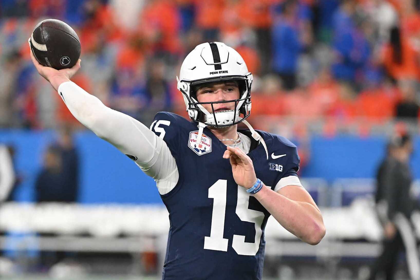 GLENDALE, ARIZONA - DECEMBER 31: Drew Allar #15 of the Penn State Nittany Lions warms up prior to the 2024 Vrbo Fiesta Bowl against the Boise State Broncos at State Farm Stadium on December 31, 2024 in Glendale, Arizona. (Photo by Norm Hall/Getty Images)