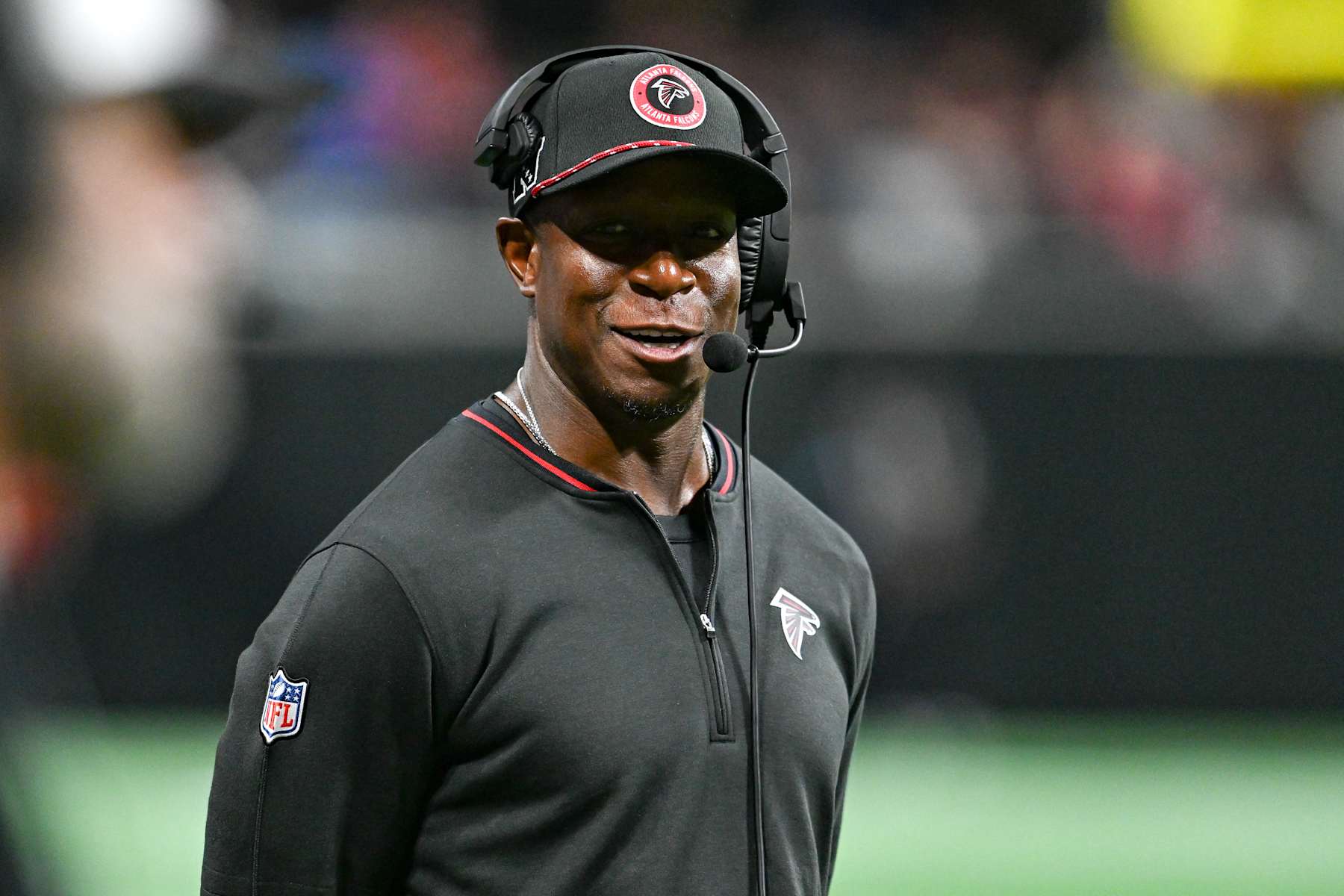 ATLANTA, GA  AUGUST 23:  Atlanta head coach Raheem 
Morris reacts during the preseason NFL game between the Jacksonville Jaguars and the Atlanta Falcons on August 23rd, 2024 at Mercedes-Benz Stadium in Atlanta, GA.  (Photo by Rich von Biberstein/Icon Sportswire via Getty Images)