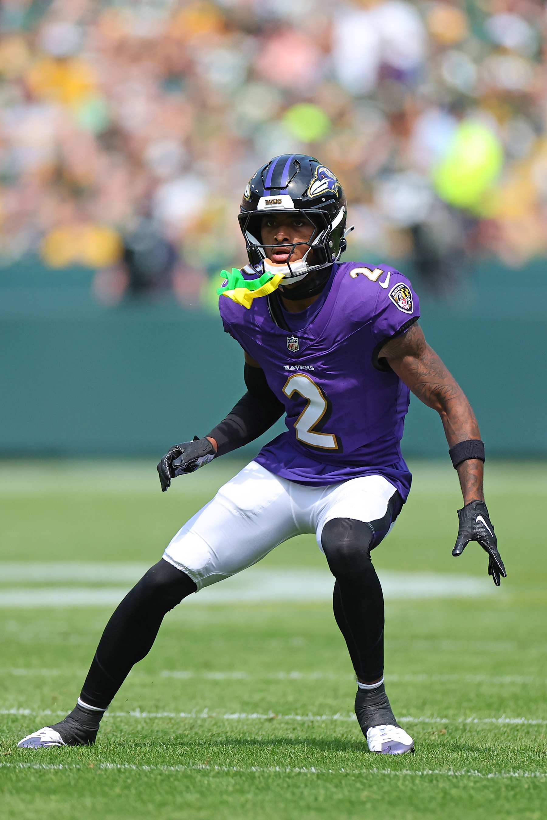 GREEN BAY, WISCONSIN - AUGUST 24: Nate Wiggins #2 of the Baltimore Ravens reacts to a play during a preseason game against the Green Bay Packers at Lambeau Field on August 24, 2024 in Green Bay, Wisconsin.  The Packers defeated the Ravens 30-7. (Photo by Stacy Revere/Getty Images)