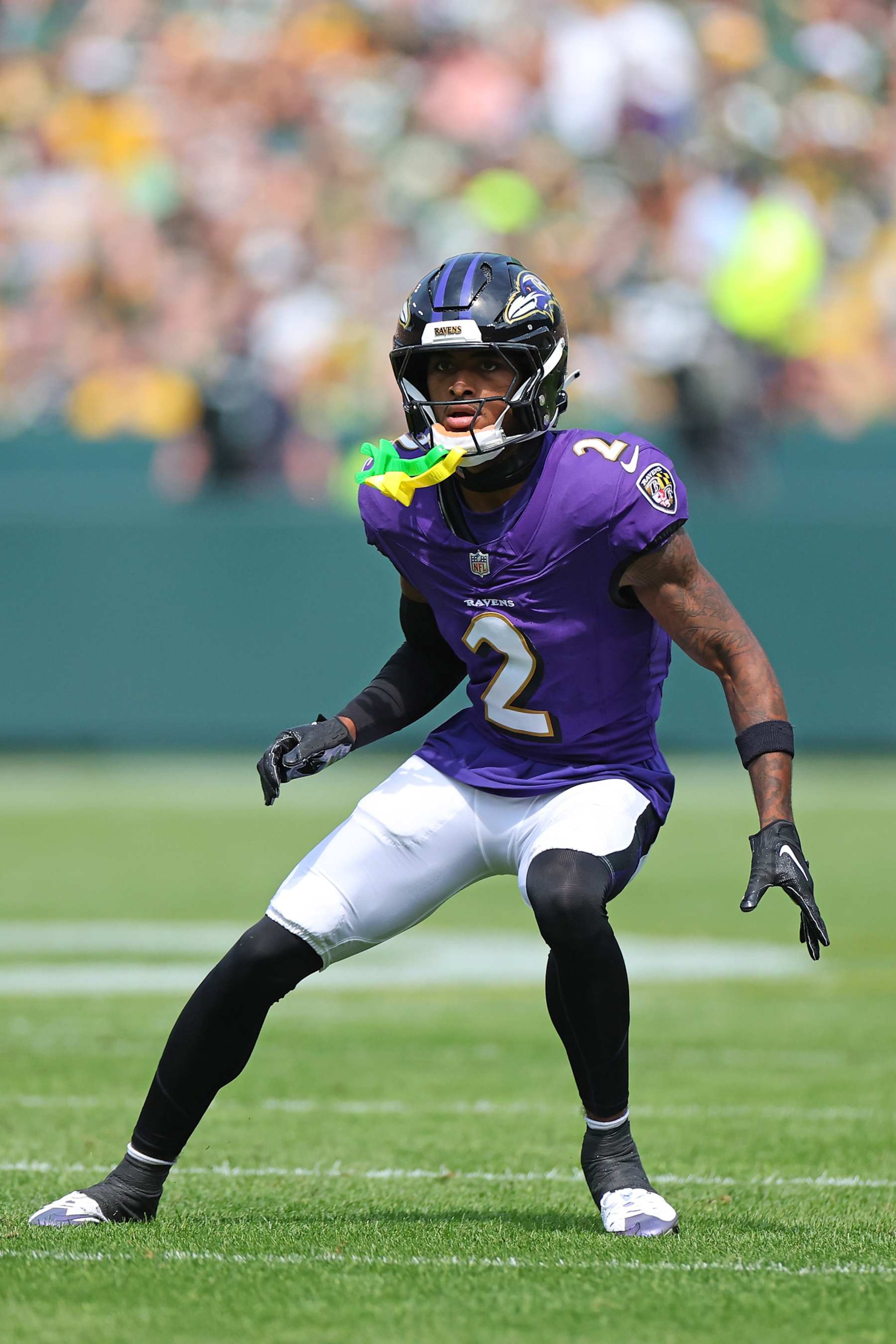 GREEN BAY, WISCONSIN - AUGUST 24: Nate Wiggins #2 of the Baltimore Ravens reacts to a play during a preseason game against the Green Bay Packers at Lambeau Field on August 24, 2024 in Green Bay, Wisconsin. The Packers defeated the Ravens 30-7. (Photo by Stacy Revere/Getty Images) GREEN BAY, WISCONSIN - AUGUST 24: Nate Wiggins #2 of the Baltimore Ravens reacts to a play during a preseason game against the Green Bay Packers at Lambeau Field on August 24, 2024 in Green Bay, Wisconsin. The Packers defeated the Ravens 30-7. (Photo by Stacy Revere/Getty Images)