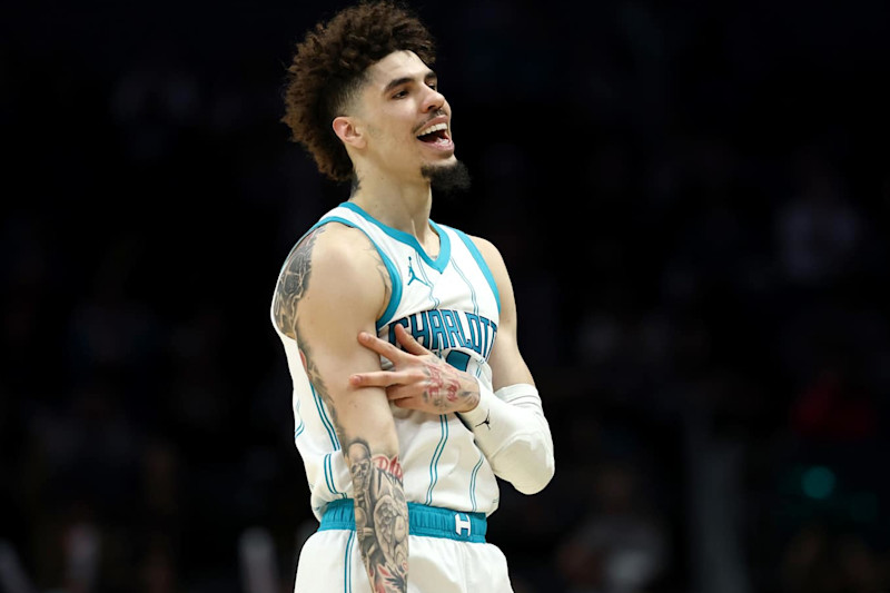 CHARLOTTE, NORTH CAROLINA - JANUARY 07: LaMelo Ball #1 of the Charlotte Hornets reacts following a three point basket during the second half of the game against the Phoenix Suns at Spectrum Center on January 07, 2025 in Charlotte, North Carolina. NOTE TO USER: User expressly acknowledges and agrees that, by downloading and or using this photograph, User is consenting to the terms and conditions of the Getty Images License Agreement. (Photo by Jared C. Tilton/Getty Images)