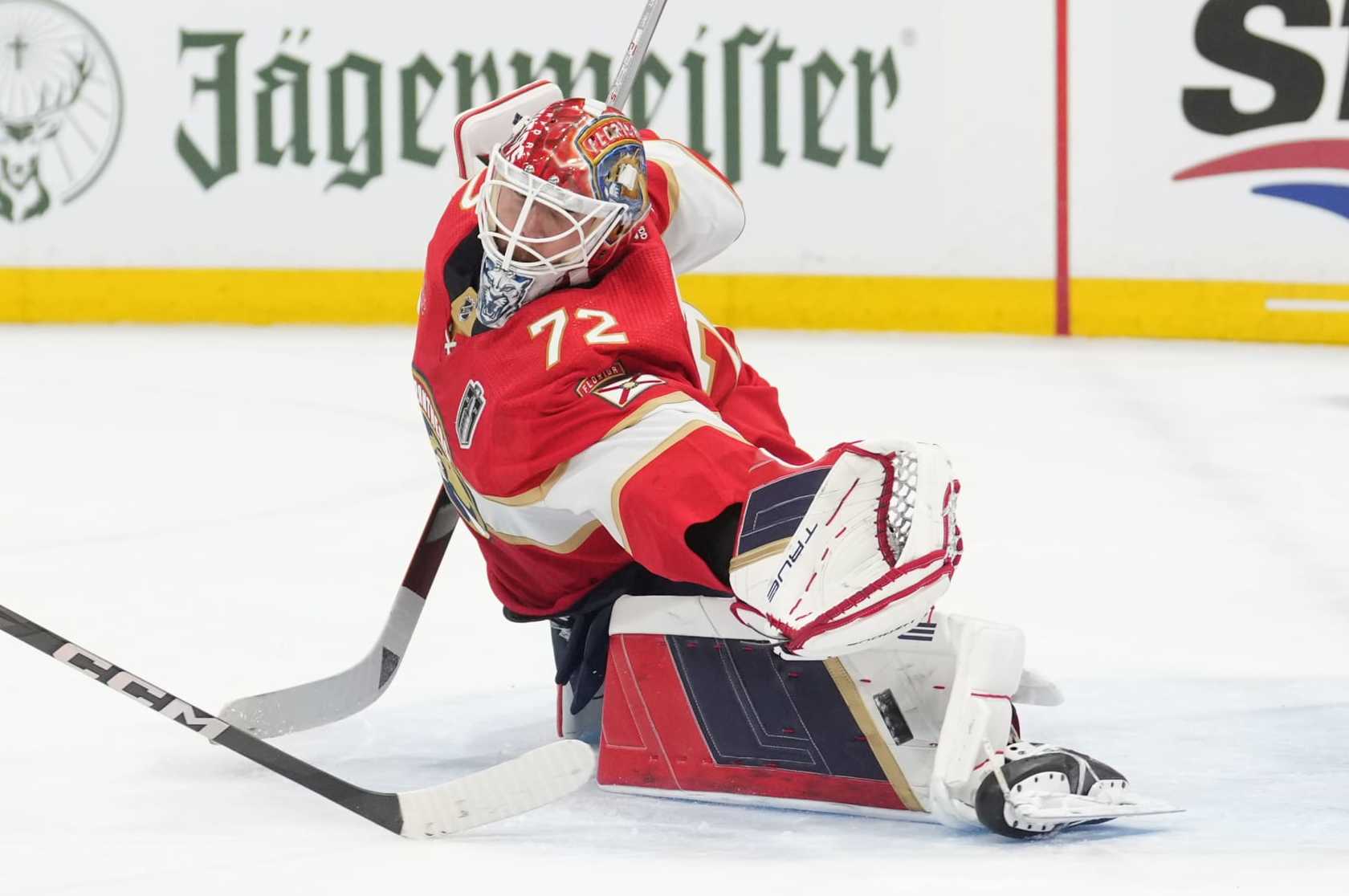 SUNRISE, FL - JUNE 08: Florida Panthers goaltender Sergei Bobrovsky (72) makes a tough save in the first period during game one of the Stanley Cup Finals between the Edmonton Oilers and the Florida Panthers on Saturday, June 8, 2024 at Amerant Bank Area in Sunrise, Fla. (Photo by Peter Joneleit/Icon Sportswire via Getty Images)