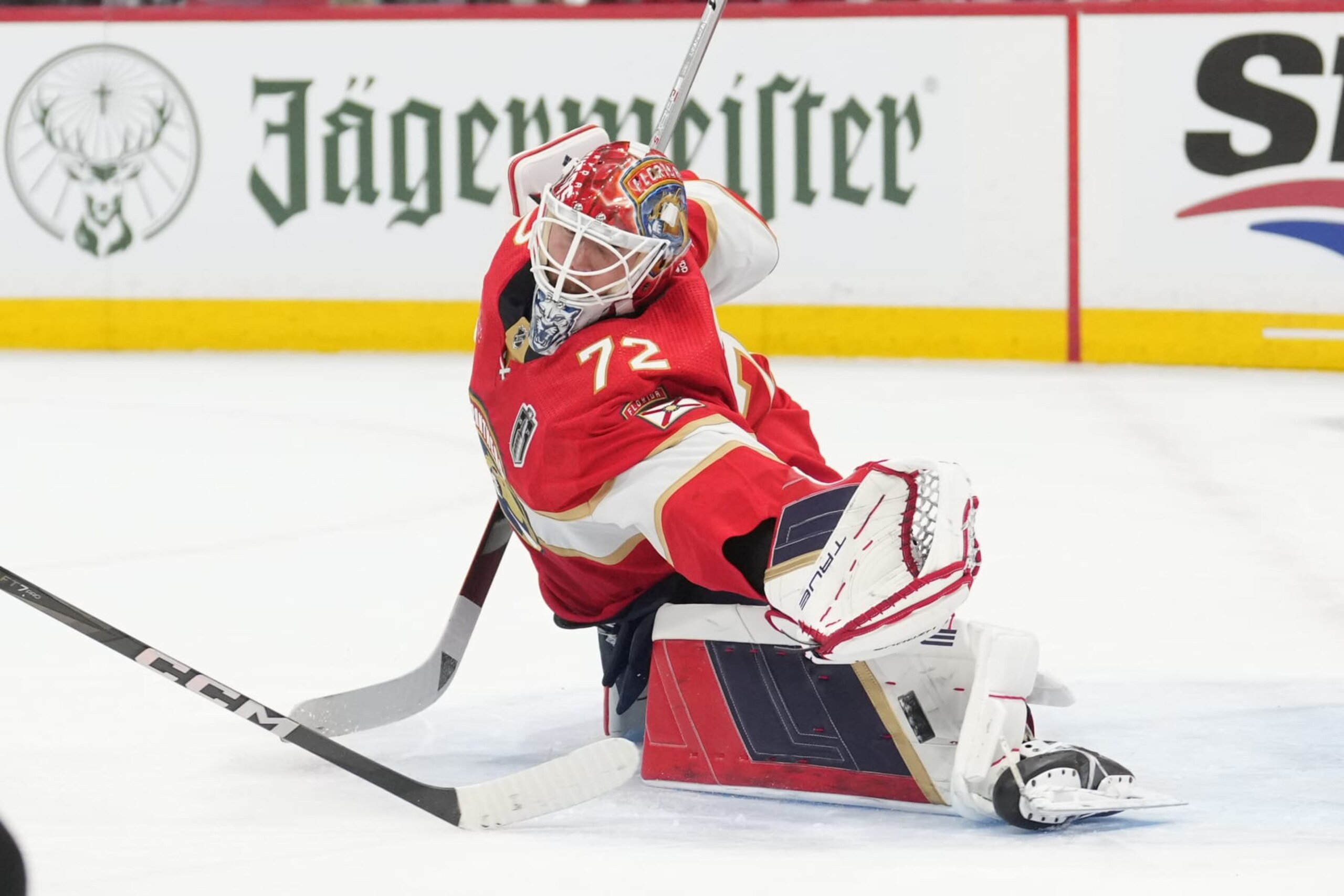 SUNRISE, FL - JUNE 08: Florida Panthers goaltender Sergei Bobrovsky (72) makes a tough save in the first period during game one of the Stanley Cup Finals between the Edmonton Oilers and the Florida Panthers on Saturday, June 8, 2024 at Amerant Bank Area in Sunrise, Fla. (Photo by Peter Joneleit/Icon Sportswire via Getty Images)