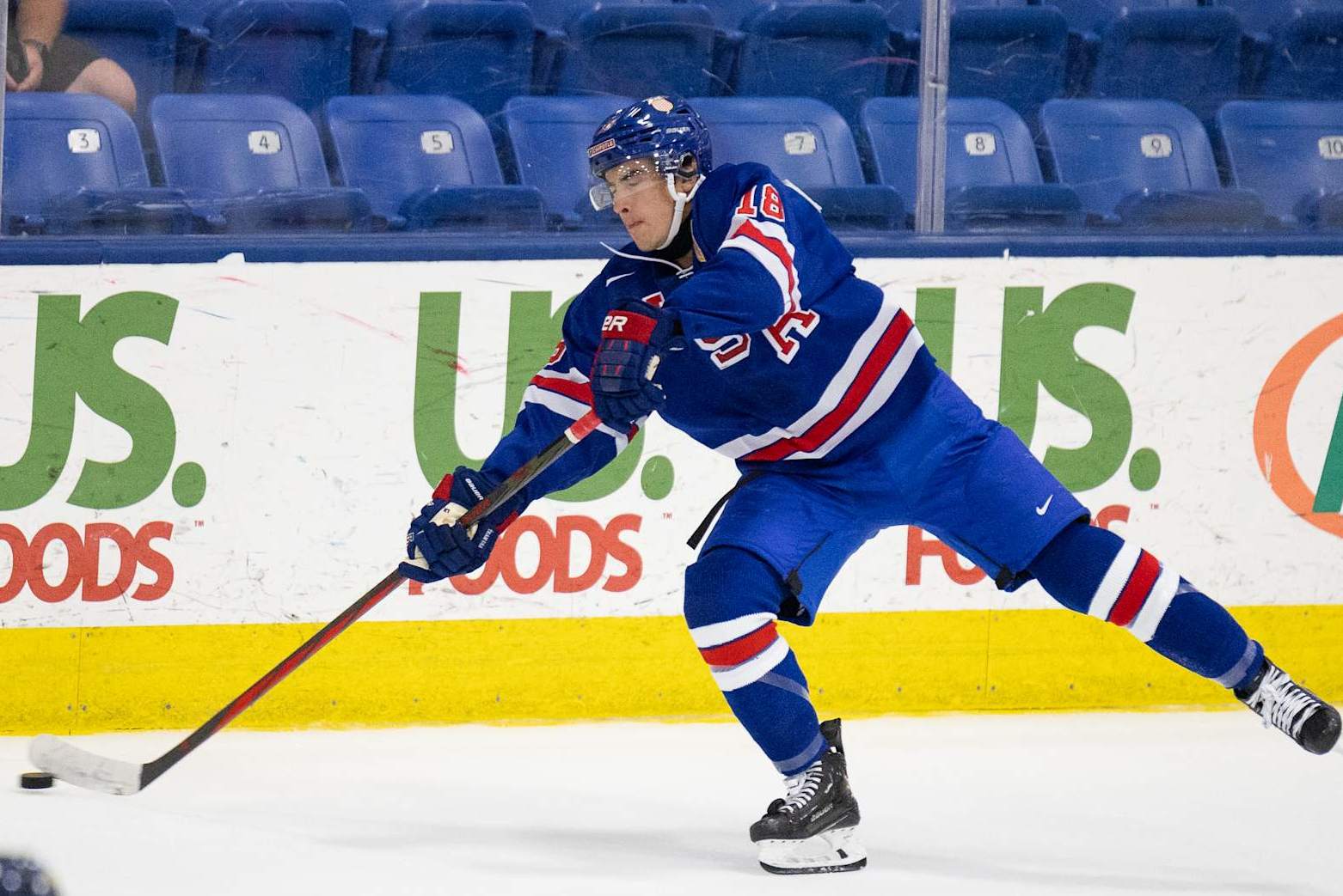 PLYMOUTH, MI - AUGUST 2: Logan Hensler #18 of Team USA makes a pass during the 2024 World Junior Summer Showcase between Sweden and USA at USA Hockey Arena on August 2, 2024 in Plymouth, Michigan. (Photo by Michael Miller/ISI Photos/Getty Images)