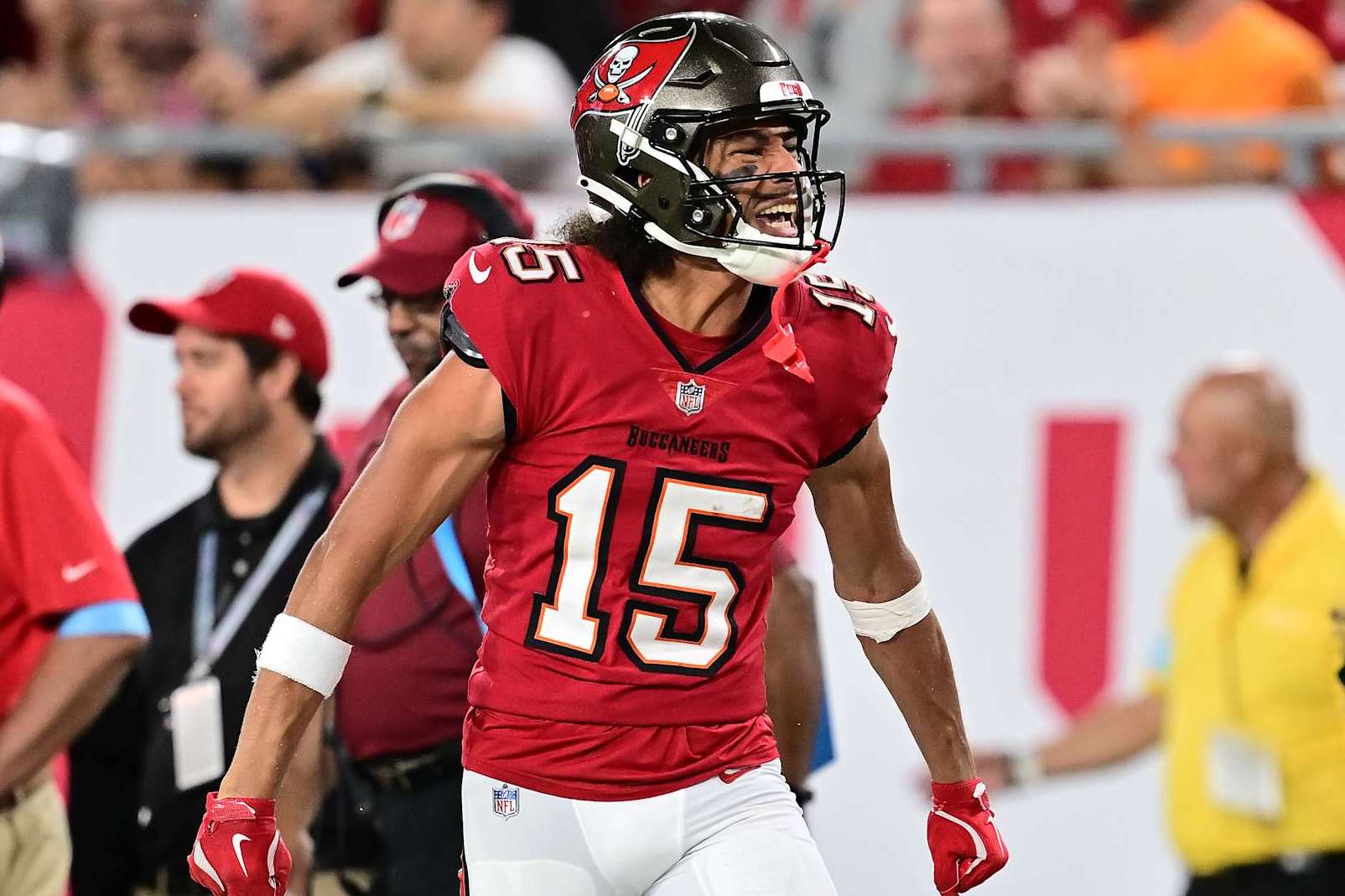 TAMPA, FLORIDA - OCTOBER 21: Jalen McMillan #15 of the Tampa Bay Buccaneers reacts after making a first down during the first quarter against the Baltimore Ravens at Raymond James Stadium on October 21, 2024 in Tampa, Florida. (Photo by Julio Aguilar/Getty Images)