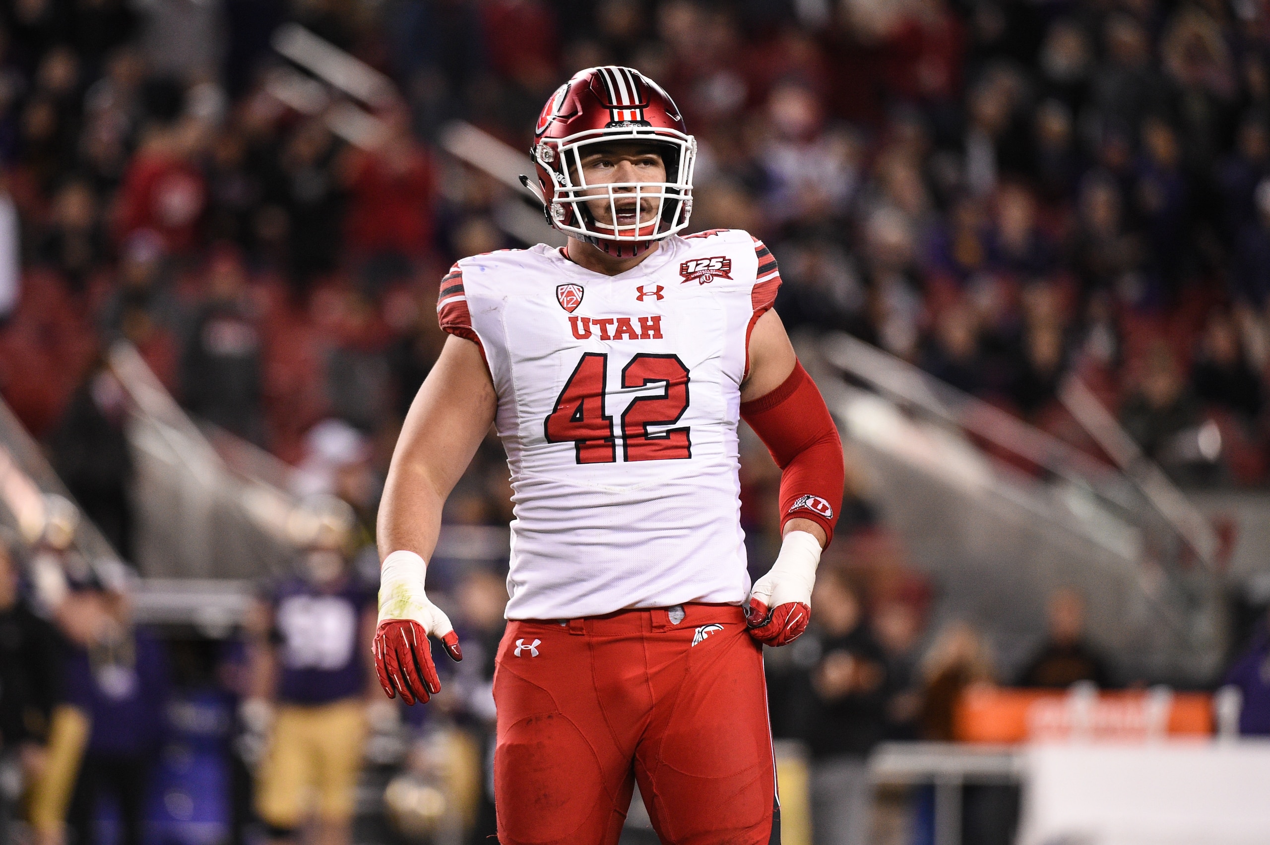 SANTA CLARA, CA - NOVEMBER 30: Utah Utes defensive end Mike Tafua (42) during the Pac-12 Championship Game on November 30, 2018 at Levi's Stadium in Santa Clara, California. (Photo by Cody Glenn/Icon Sportswire via Getty Images) SANTA CLARA, CA - NOVEMBER 30: Utah Utes defensive end Mike Tafua (42) during the Pac-12 Championship Game on November 30, 2018 at Levi's Stadium in Santa Clara, California. (Photo by Cody Glenn/Icon Sportswire via Getty Images)