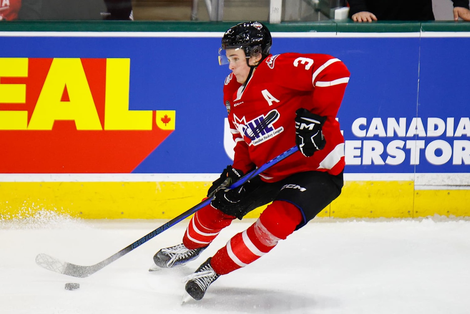 LONDON, ONTARIO, CANADA - NOVEMBER 26: Blake Fiddler #3 of CHL skates with the puck during CHL USA Prospects game between USA and CHL at Canada Life Place on November 26, 2024 in London, Ontario, Canada. (Photo by Michael Miller/ISI Photos/Getty Images)