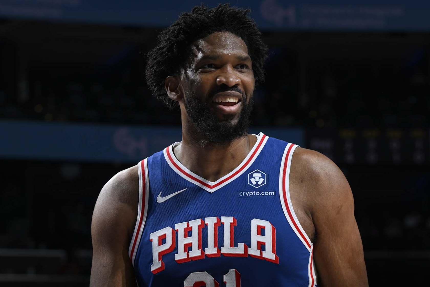 PHILADELPHIA, PA - FEBRUARY 4: Joel Embiid #21 of the Philadelphia 76ers looks on during the game against the Dallas Mavericks on February 4, 2025 at the Wells Fargo Center in Philadelphia, Pennsylvania NOTE TO USER: User expressly acknowledges and agrees that, by downloading and/or using this Photograph, user is consenting to the terms and conditions of the Getty Images License Agreement. Mandatory Copyright Notice: Copyright 2025 NBAE (Photo by David Dowt/NBAE via Getty Images)
