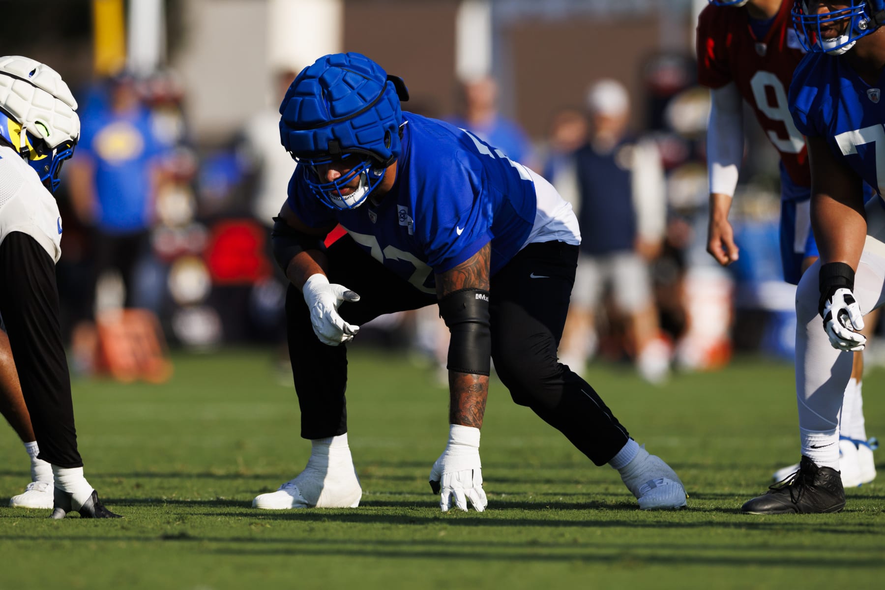 LOS ANGELES, CALIFORNIA - JULY 25: Jonah Jackson #72 of the Los Angeles Rams in an offensive stance during training camp on July 25, 2024 in Los Angeles, California.  (Photo by Ric Tapia/Getty Images)