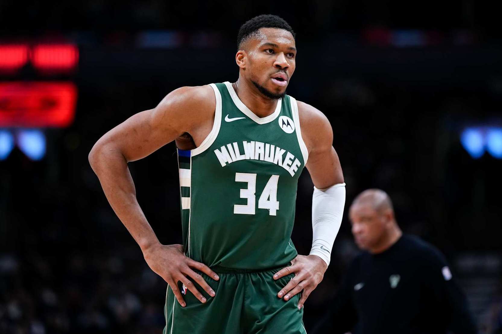 TORONTO, ON - JANUARY 6: Giannis Antetokounmpo #34 of the Milwaukee Bucks looks on against the Toronto Raptors at the Scotiabank Arena on January 6, 2025 in Toronto, Ontario, Canada. NOTE TO USER: User expressly acknowledges and agrees that, by downloading and/or using this Photograph, user is consenting to the terms and conditions of the Getty Images License Agreement. (Photo by Kevin Sousa/Getty Images)