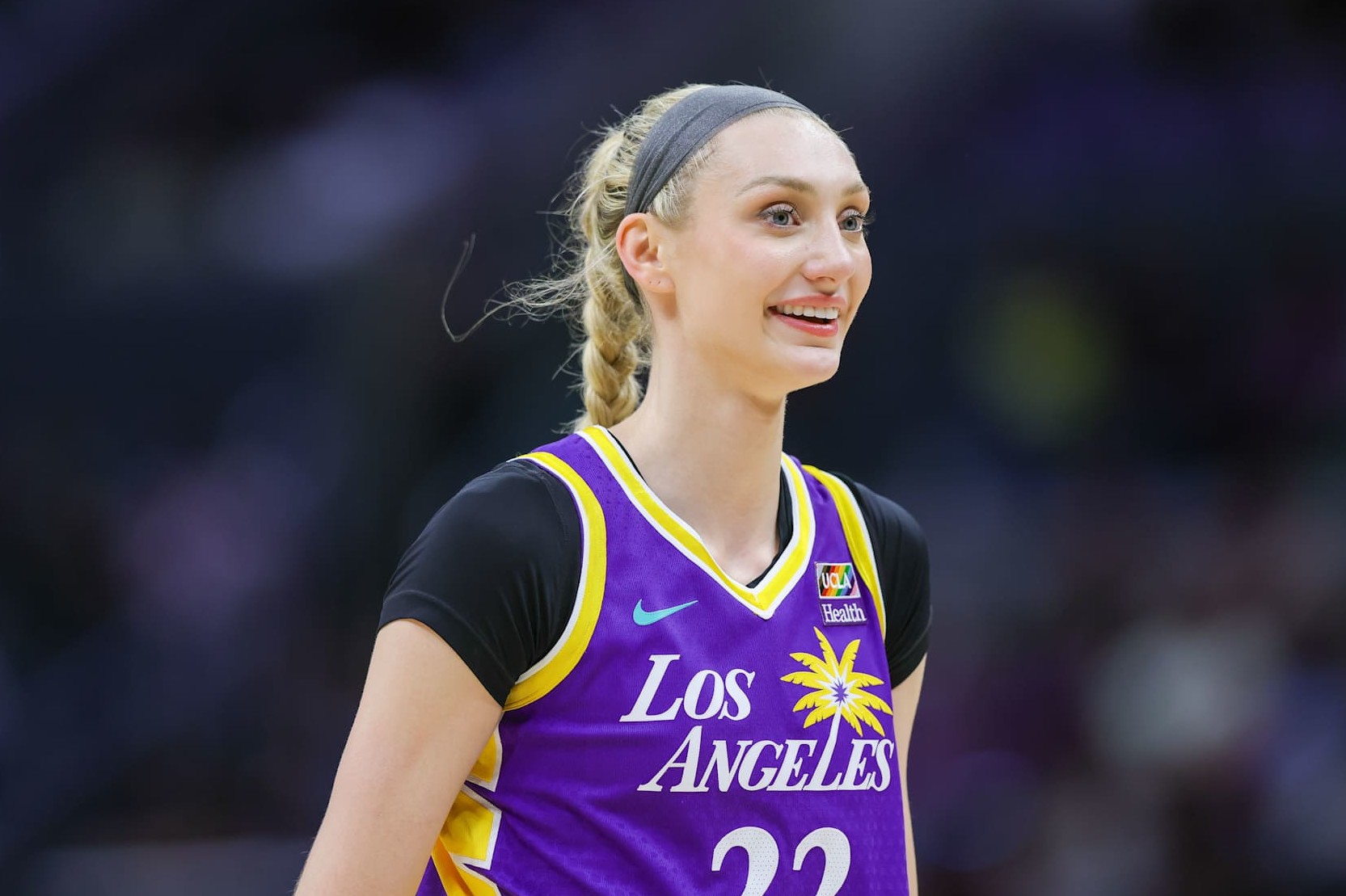LOS ANGELES, CA - JUNE 09: Los Angeles Sparks forward Cameron Brink (22) laughs after a play during the WNBA basketball game between the Las Vegas Aces and the Los Angeles Sparks on June 09, 2024, at Crypto.com Arena in Los Angeles, CA.(Photo by Jordon Kelly/Icon Sportswire via Getty Images)