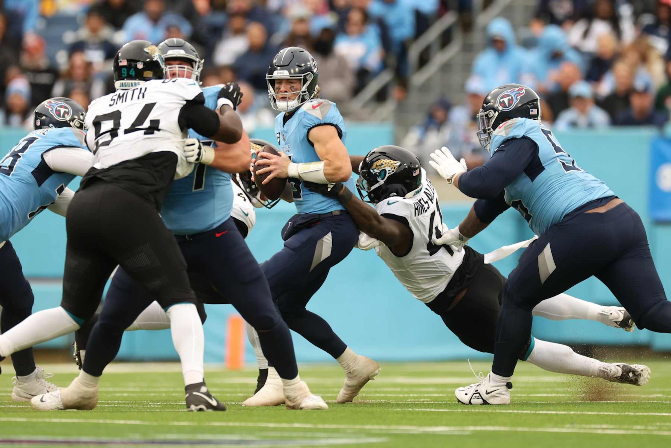 Jacksonville Jaguars' Josh Hines-Allen sacks Tennessee Titans quarterback Will Levis. Jacksonville Jaguars' Josh Hines-Allen sacks Tennessee Titans quarterback Will Levis.