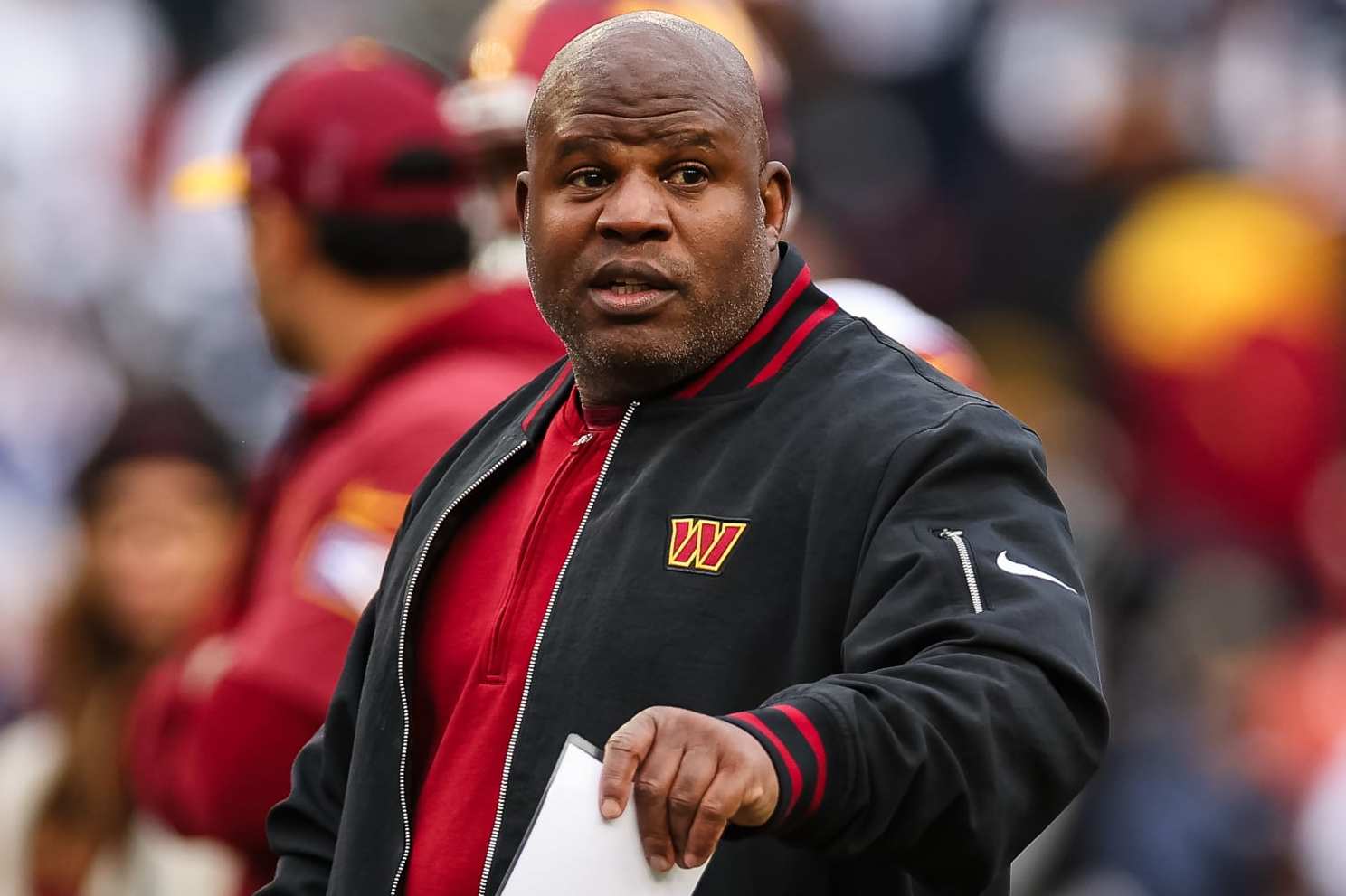LANDOVER, MD - JANUARY 07: Offensive coordinator Eric Bieniemy of the Washington Commanders reacts before the game against the Dallas Cowboys at FedExField on January 7, 2024 in Landover, Maryland. (Photo by Scott Taetsch/Getty Images)