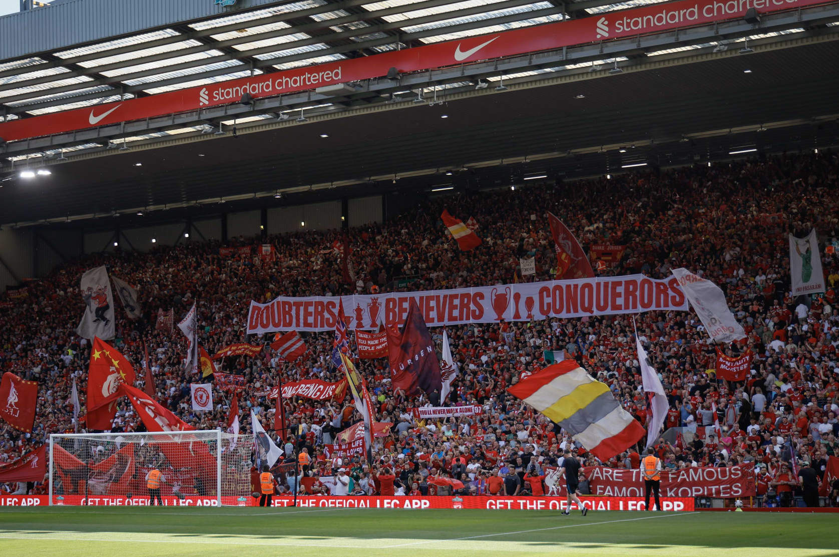 LIVERPOOL, ENGLAND - MAY 19: A general view of the Top stand inside Anfield before the Premier League match between Liverpool FC and Wolverhampton Wanderers at Anfield on May 19, 2024 in Liverpool, England.(Photo by James Baylis - AMA/Getty Images)