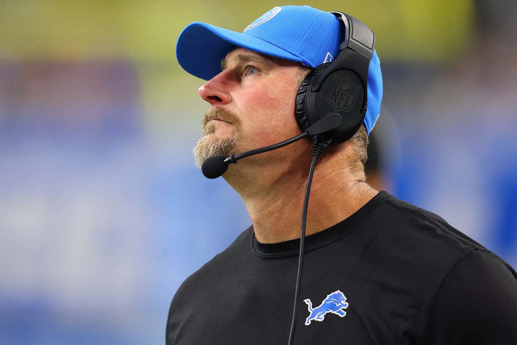 DETROIT, MICHIGAN - OCTOBER 27: Head coach Dan Campbell of the Detroit Lions looks on in the third quarter of a game against the Tennessee Titans at Ford Field on October 27, 2024 in Detroit, Michigan. (Photo by Gregory Shamus/Getty Images)