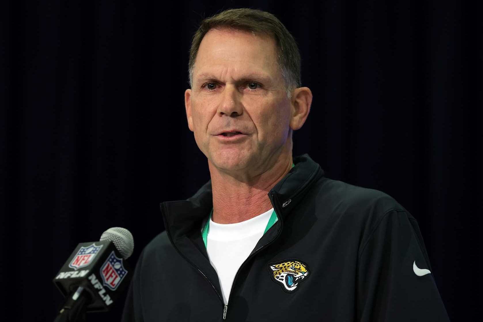 INDIANAPOLIS, INDIANA - FEBRUARY 27: General manager Trent Baalke of the Jacksonville Jaguars speaks to the media during the NFL Combine at the Indiana Convention Center on February 27, 2024 in Indianapolis, Indiana. (Photo by Stacy Revere/Getty Images)