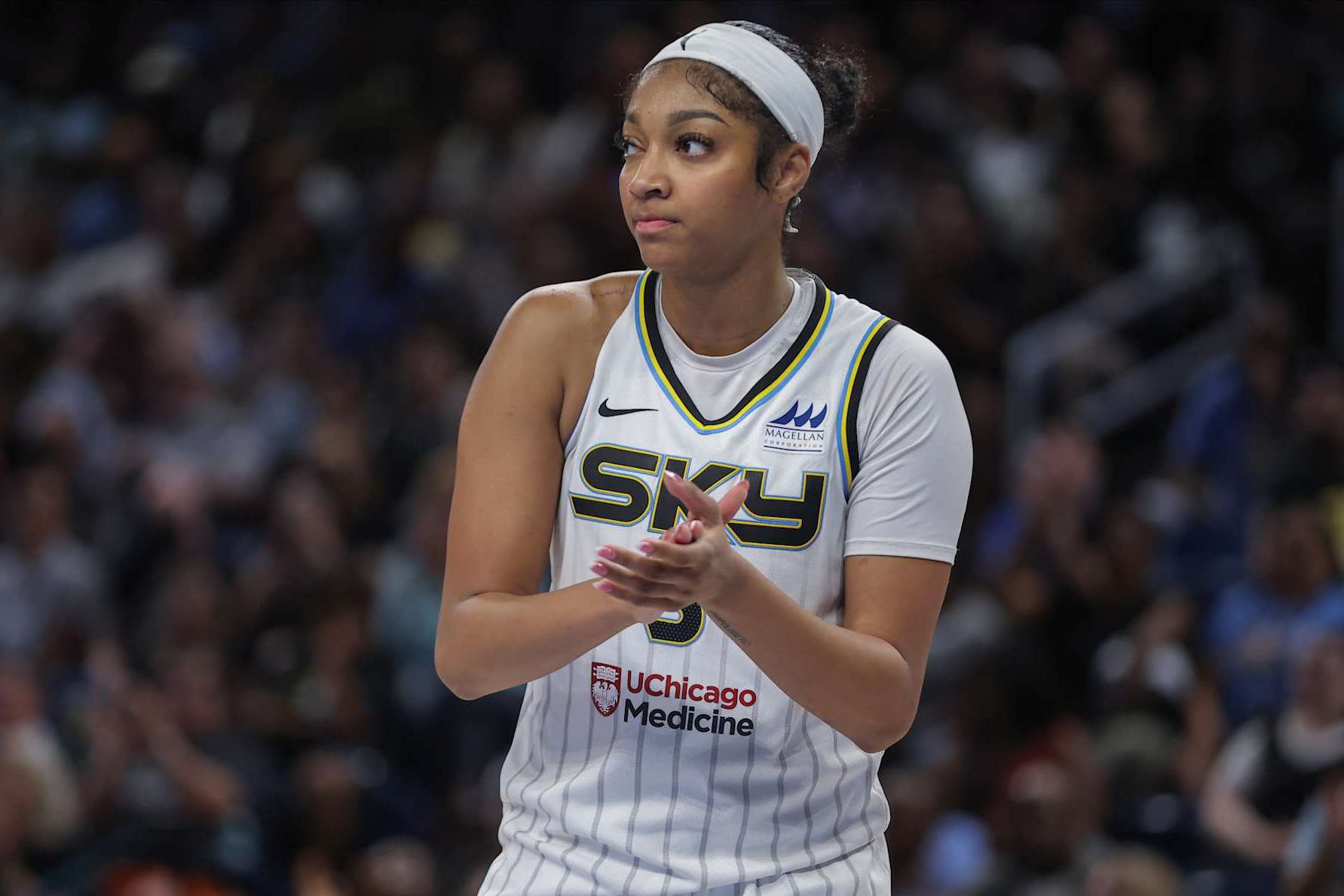CHICAGO, IL - AUGUST 28: Angel Reese #5 of the Chicago Sky reacts during the second half of a WNBA game against the Washington Mystics on August 28, 2024 at Wintrust Arena in Chicago, Illinois. (Photo by Melissa Tamez/Icon Sportswire via Getty Images)