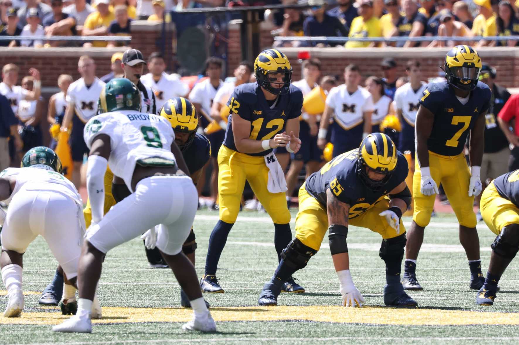 ANN ARBOR, MI - SEPTEMBER 03: Michigan Wolverines quarterback Cade McNamara (12) calls out play signals during the second quarter of a non-conference college football game between the Colorado State Rams and the Michigan Wolverines on September 3, 2022 at Michigan Stadium in Ann Arbor, Michigan. (Photo by Scott W. Grau/Icon Sportswire via Getty Images)