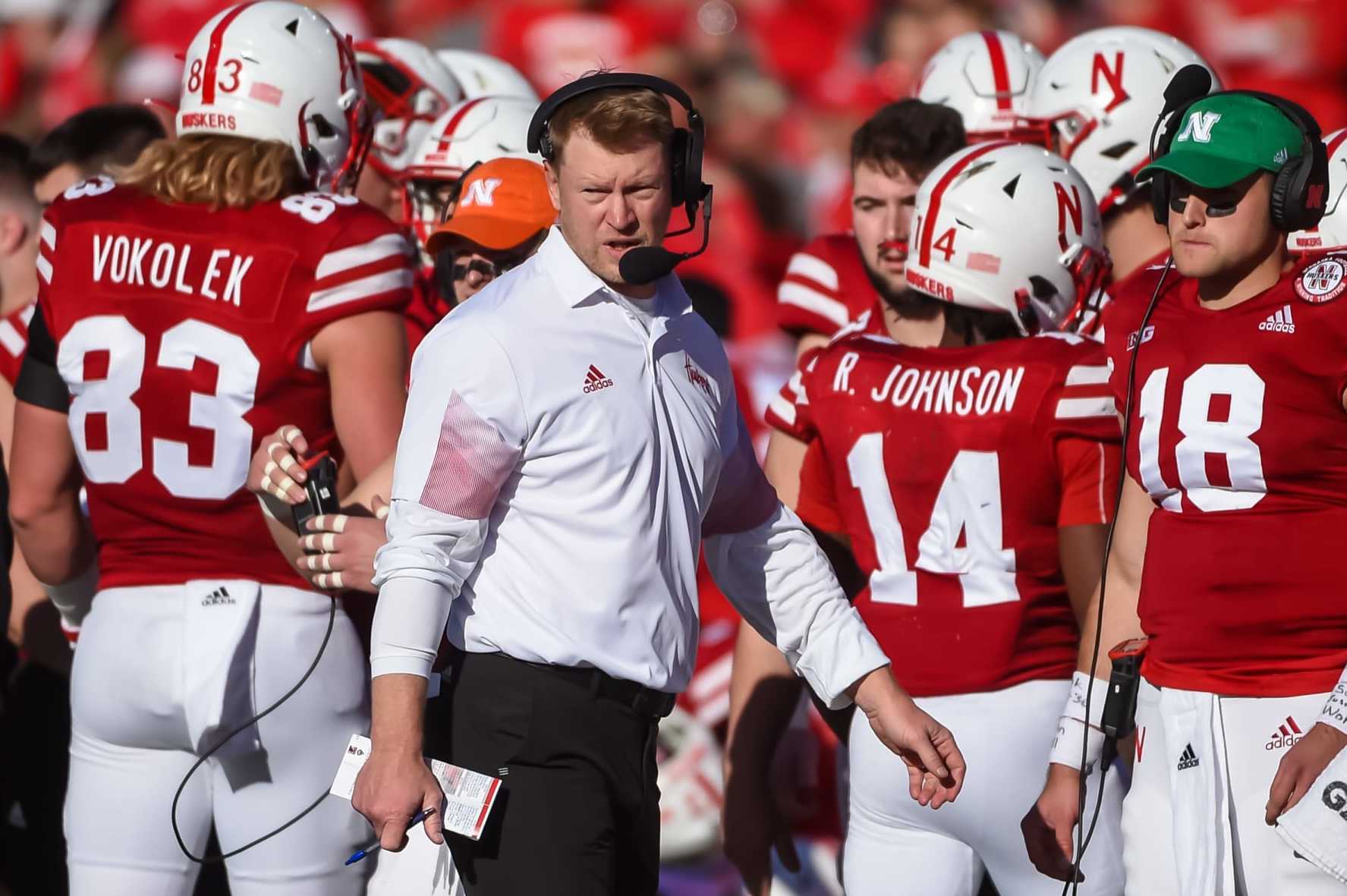 LINCOLN, NE - OCTOBER 30: Head coach Scott Frost of the Nebraska Cornhuskers walks the sidelines against the Purdue Boilermakers in the first half at Memorial Stadium on October 30, 2021 in Lincoln, Nebraska. (Photo by Steven Branscombe/Getty Images)
