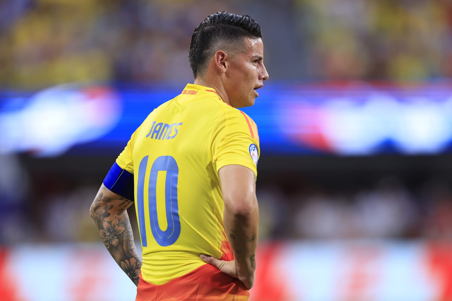 CHARLOTTE, NORTH CAROLINA - JULY 10: James Rodriguez of Colombia gestures during the CONMEBOL Copa America 2024 semifinal match between Uruguay and Colombia at Bank of America Stadium on July 10, 2024 in Charlotte, North Carolina. (Photo by Buda Mendes/Getty Images)