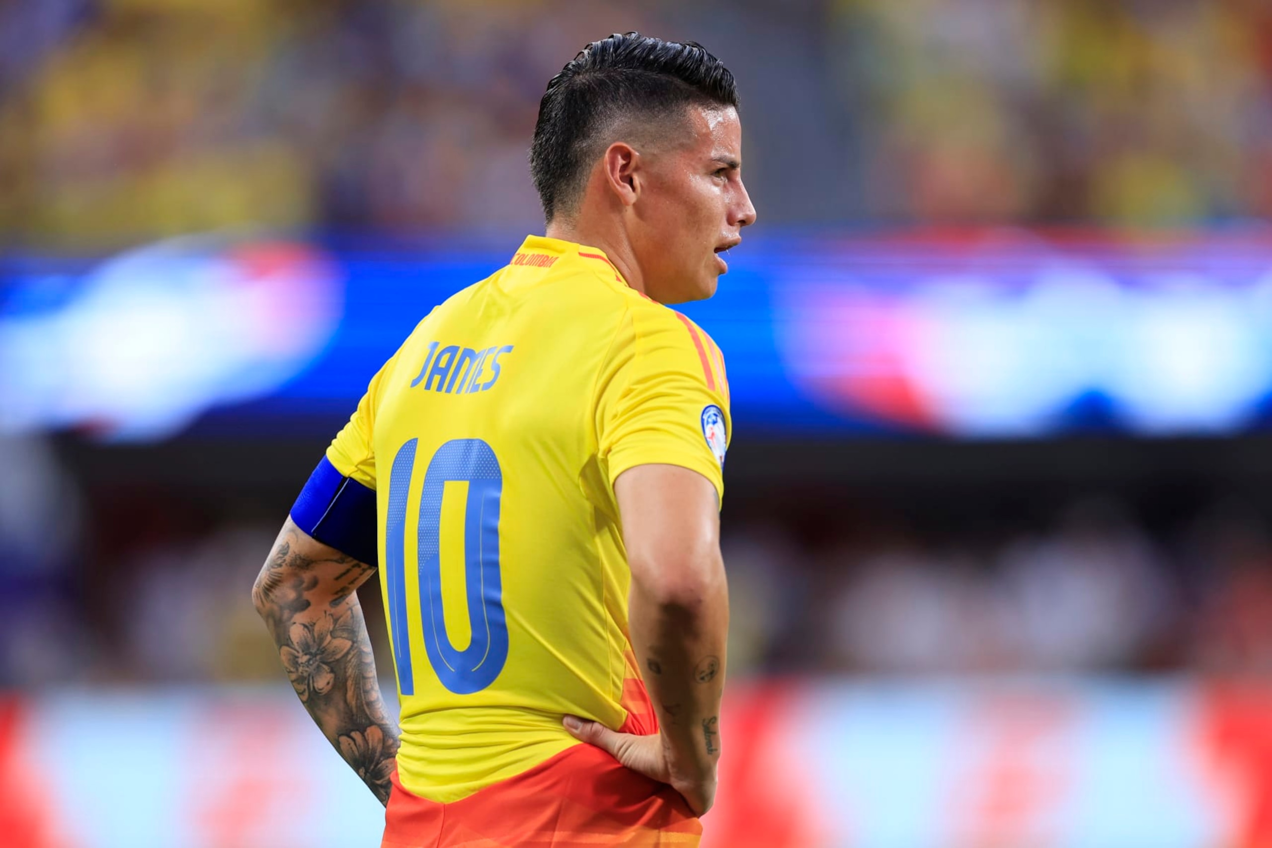 CHARLOTTE, NORTH CAROLINA - JULY 10: James Rodriguez of Colombia gestures during the CONMEBOL Copa America 2024 semifinal match between Uruguay and Colombia at Bank of America Stadium on July 10, 2024 in Charlotte, North Carolina. (Photo by Buda Mendes/Getty Images)