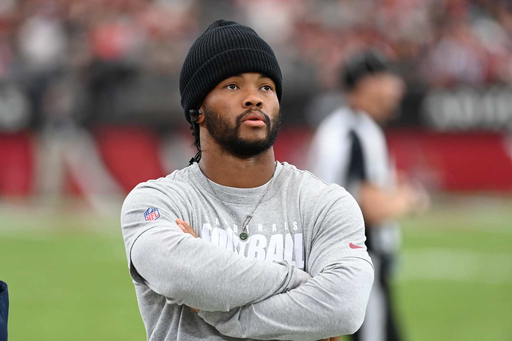 GLENDALE, ARIZONA - OCTOBER 29: Kyler Murray #1 of the Arizona Cardinals walks along the sidelines during a game against the Baltimore Ravens at State Farm Stadium on October 29, 2023 in Glendale, Arizona. (Photo by Norm Hall/Getty Images)