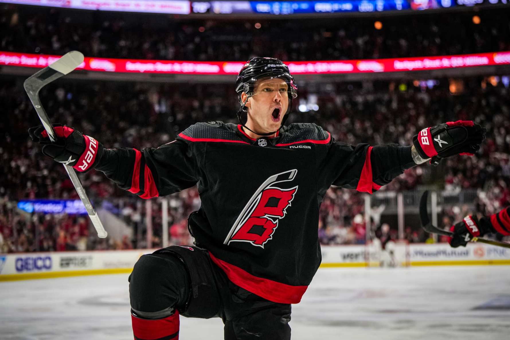 RALEIGH, NORTH CAROLINA - APRIL 20: Evgeny Kuznetsov #92 of the Carolina Hurricanes celebrates after a goal during the first period against the New York Islanders in Game One of the First Round of the 2024 Stanley Cup Playoffs at PNC Arena on April 7, 2024 in Raleigh, North Carolina. (Photo by Josh Lavallee/NHLI via Getty Images) RALEIGH, NORTH CAROLINA - APRIL 20: Evgeny Kuznetsov #92 of the Carolina Hurricanes celebrates after a goal during the first period against the New York Islanders in Game One of the First Round of the 2024 Stanley Cup Playoffs at PNC Arena on April 7, 2024 in Raleigh, North Carolina. (Photo by Josh Lavallee/NHLI via Getty Images)