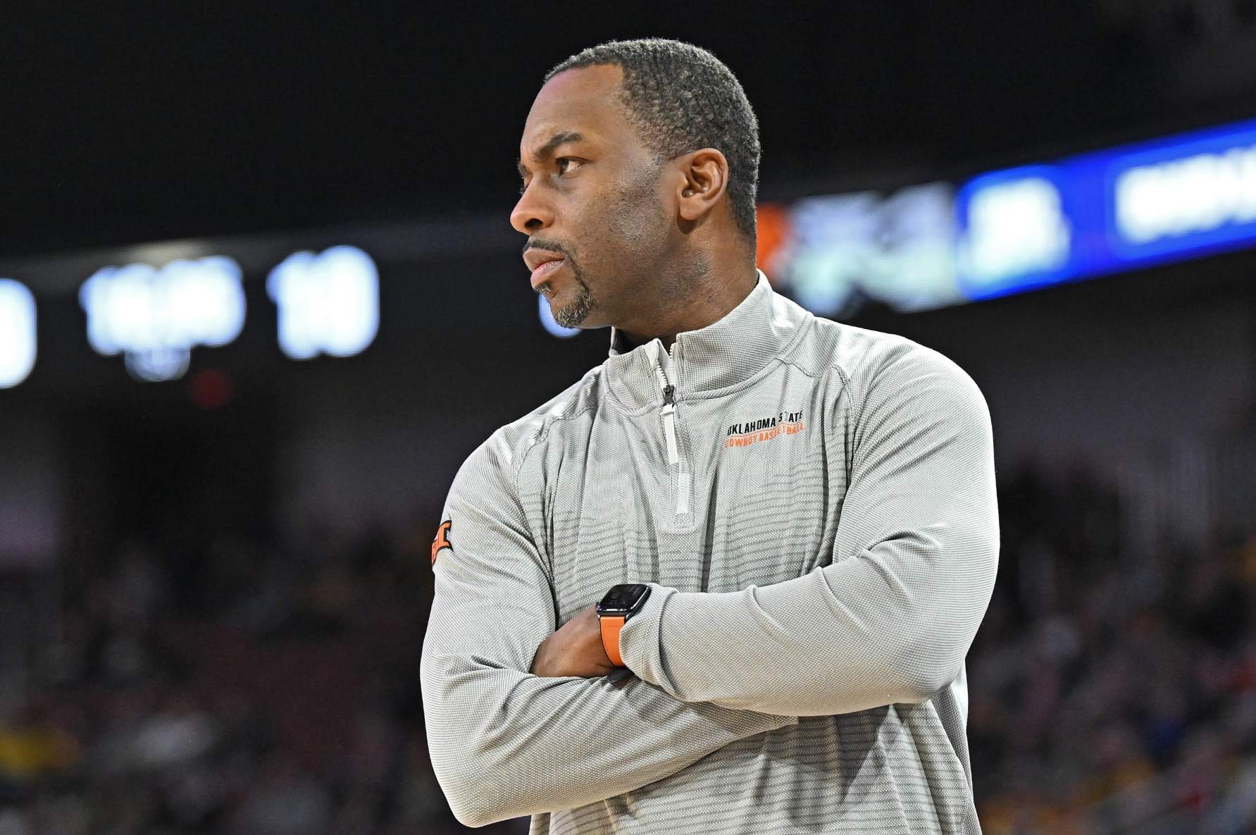 WICHITA, KS - DECEMBER 17: Head coach Mike Boynton Jr. of the Oklahoma State Cowboys looks onto the court in the first half against the Wichita State Shockers on December 17, 2022 at Intrust Bank Arena in Wichita, Kansas. (Photo by Peter G. Aiken/Getty Images)