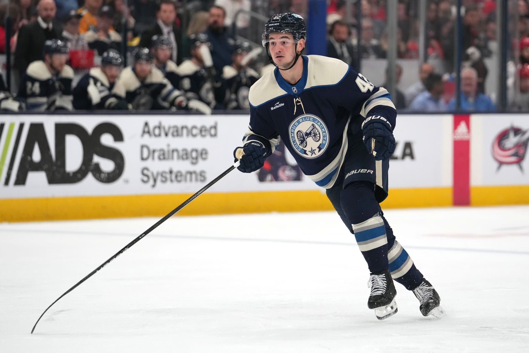 COLUMBUS, OHIO - APRIL 16: Alexandre Texier #42 of the Columbus Blue Jackets skates during the second period against the Carolina Hurricanes at Nationwide Arena on April 16, 2024 in Columbus, Ohio. (Photo by Jason Mowry/Getty Images)
