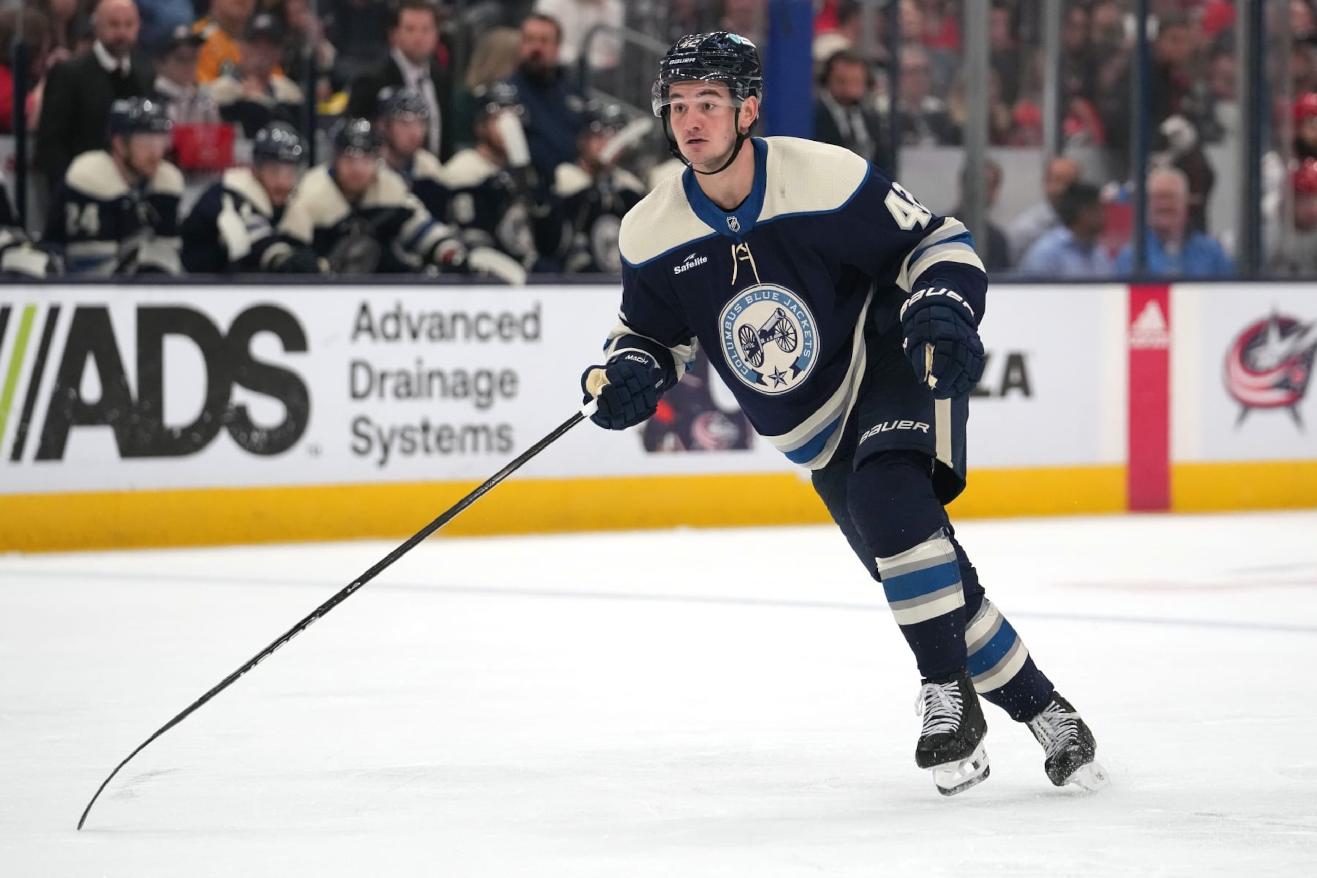 COLUMBUS, OHIO - APRIL 16: Alexandre Texier #42 of the Columbus Blue Jackets skates during the second period against the Carolina Hurricanes at Nationwide Arena on April 16, 2024 in Columbus, Ohio. (Photo by Jason Mowry/Getty Images) COLUMBUS, OHIO - APRIL 16: Alexandre Texier #42 of the Columbus Blue Jackets skates during the second period against the Carolina Hurricanes at Nationwide Arena on April 16, 2024 in Columbus, Ohio. (Photo by Jason Mowry/Getty Images)