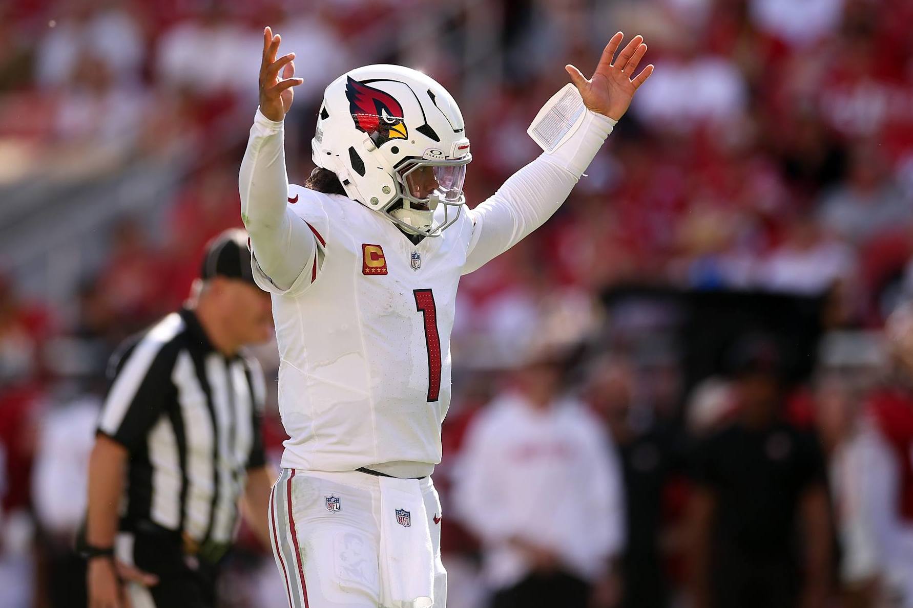 SANTA CLARA, CALIFORNIA - OCTOBER 06: Kyler Murray #1 of the Arizona Cardinals reacts after a two point conversion in the fourth quarter of a game against the San Francisco 49ers at Levi's Stadium on October 06, 2024 in Santa Clara, California. (Photo by Ezra Shaw/Getty Images)