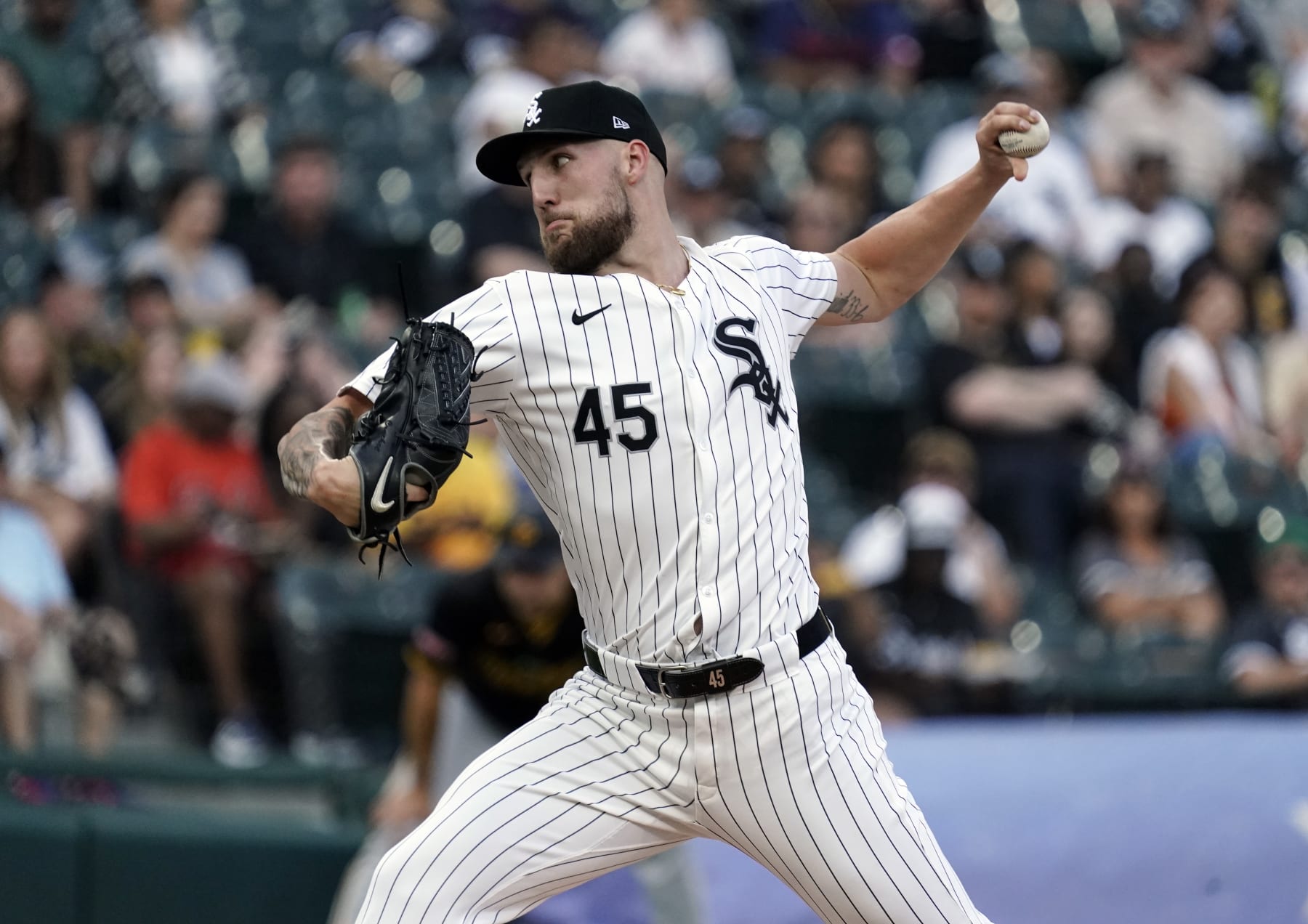 CHICAGO, ILLINOIS - JULY 12: Garrett Crochet #45 of the Chicago White Sox pitches against the Pittsburgh Pirates at Guaranteed Rate Field on July 12, 2024 in Chicago, Illinois. (Photo by Nuccio DiNuzzo/Getty Images)